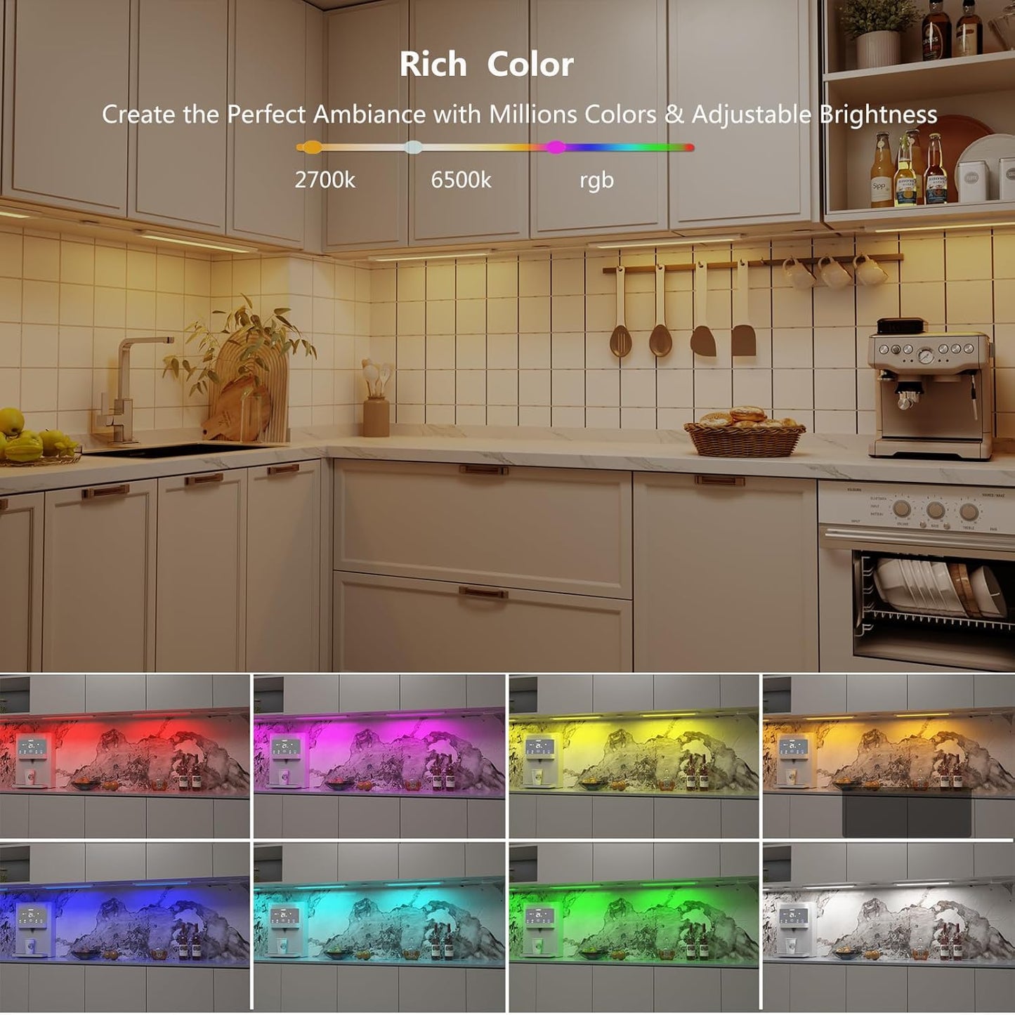 LAMPAOUS LED Under Counter Lights Fixtures for Kitchen,Smart Cabinet Lighting Strips Plug in Compatible with Alexa,Google Assistant,App,RGB Color Changing & White Dimmable,12Inch Linkable,Bright,3pcs