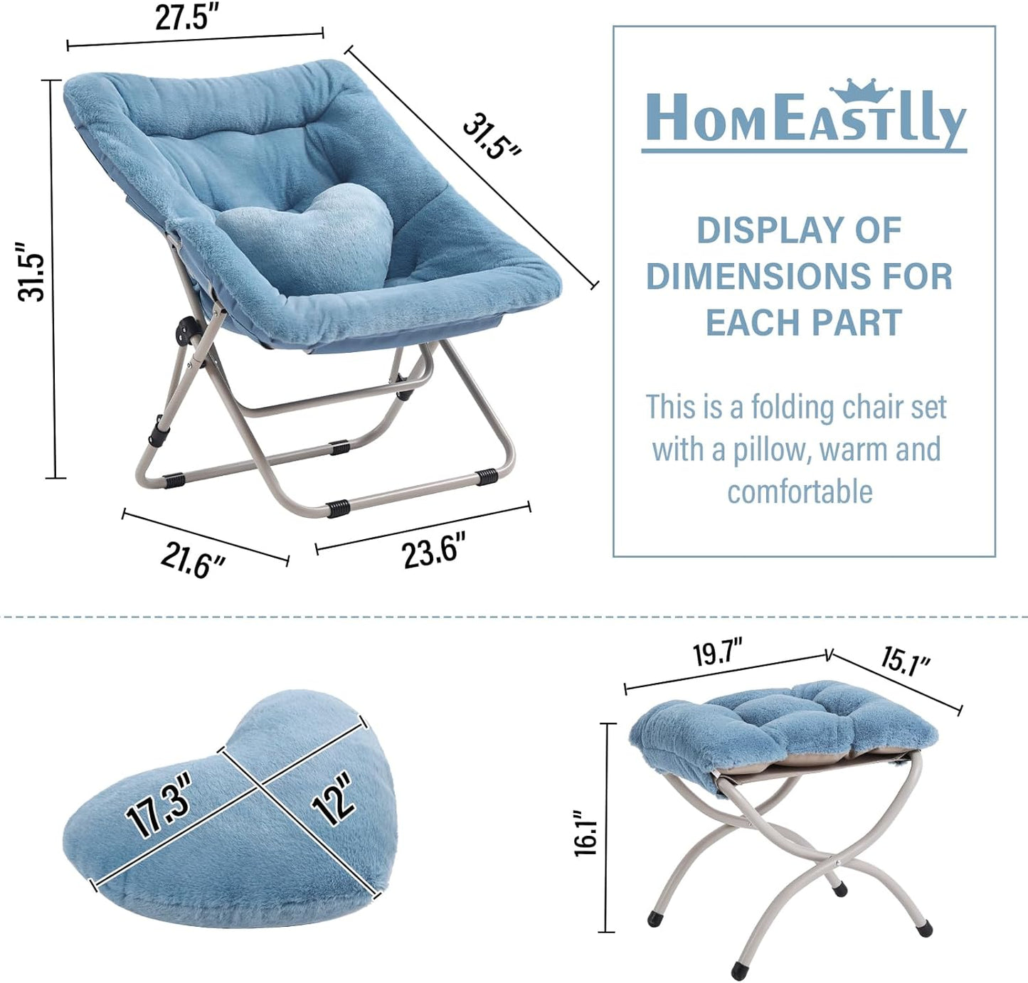 Saucer Chair with Ottoman, Comfy Oversized Folding Chair, Faux-Fur Reading Chair for Teens, Adults, Foldable Accent Lazy Chair, Metal Frame Chair for Living Room, Bedroom, Blue