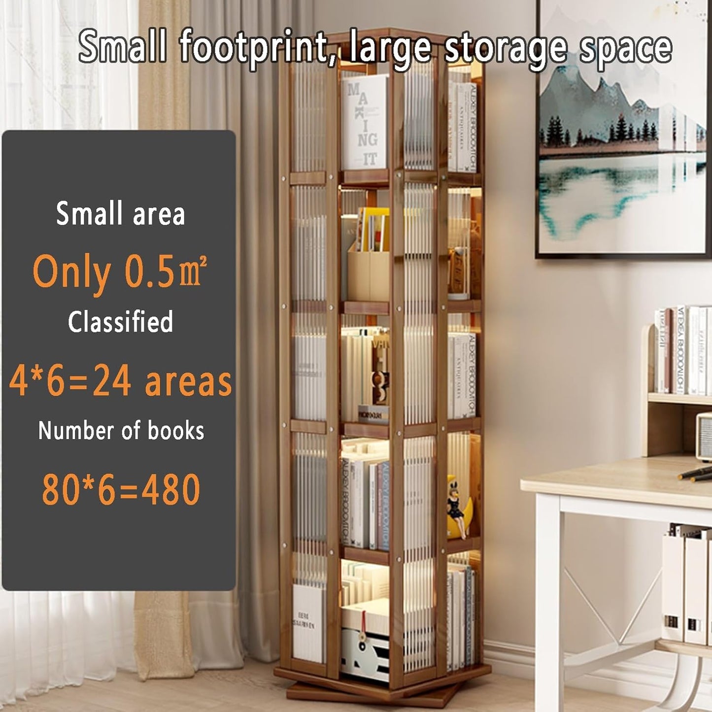 5/6 tier rotating bamboo bookshelf stackable corner bookshelf 360 rotating with storage acrylic small bookcase for small spaces Open Narrow Bookcase for Bedroom and Living Room, Study Room(Black,40*40