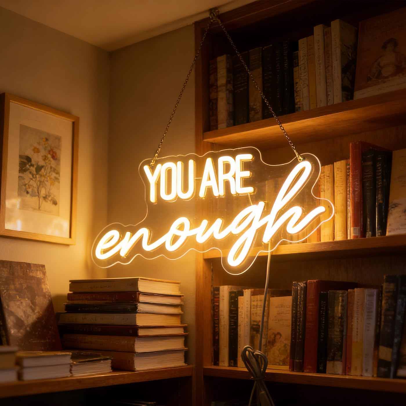 "You Are Enough" Neon Sign Word/Letters USB Powered with Dimmer Switch Neon Lights for Room Home Bar Art Wall Decor Party Window Living Room Decor Wall Hanging Decoration (warm white)
