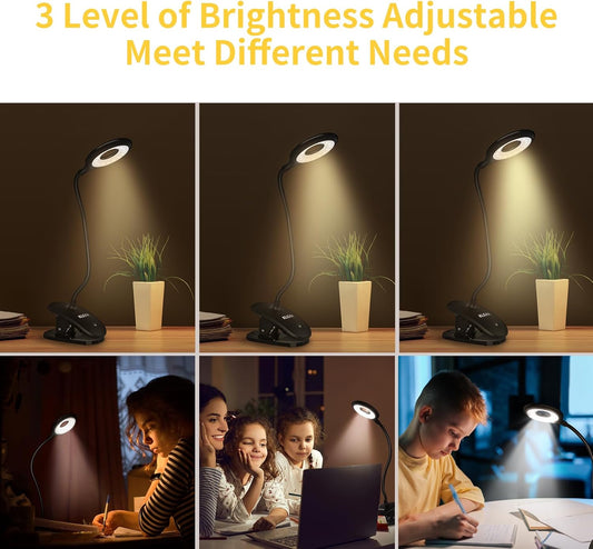 KLEAH Clip on Light for Bed & Desk, Reading in Bed, Dorm, Battery Operated Rechargeable Clamp Lamp for Headboard, Eye-Caring LED Light with 3 Brightness Modes & Flexible Gooseneck (Black)
