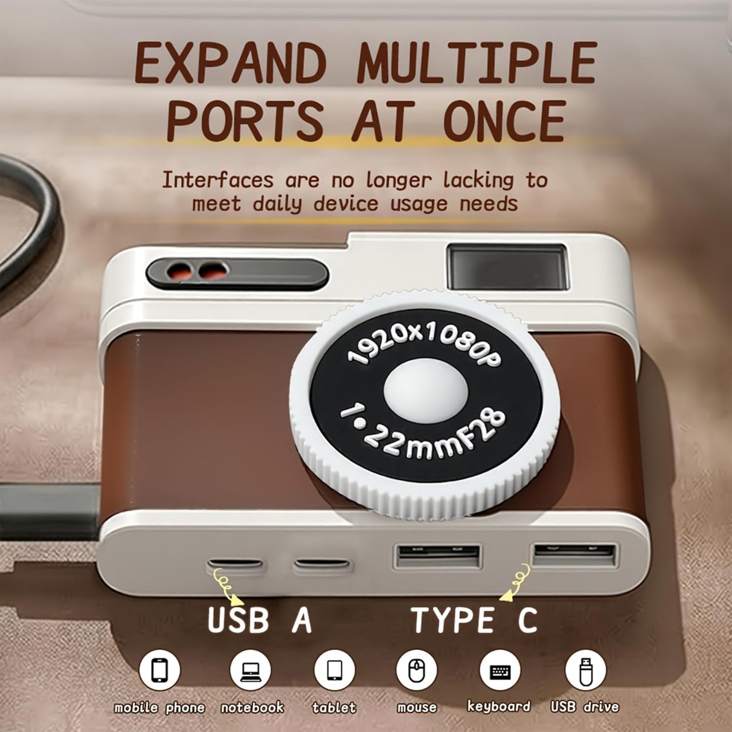 USB C Hub, 4-Port USB Hub with 2 USB-A 2.0 & 2 USB-C Ports, Compact Vintage Camera-Style USB Hub Adapter for Laptop, MacBook, Tablet & Accessories