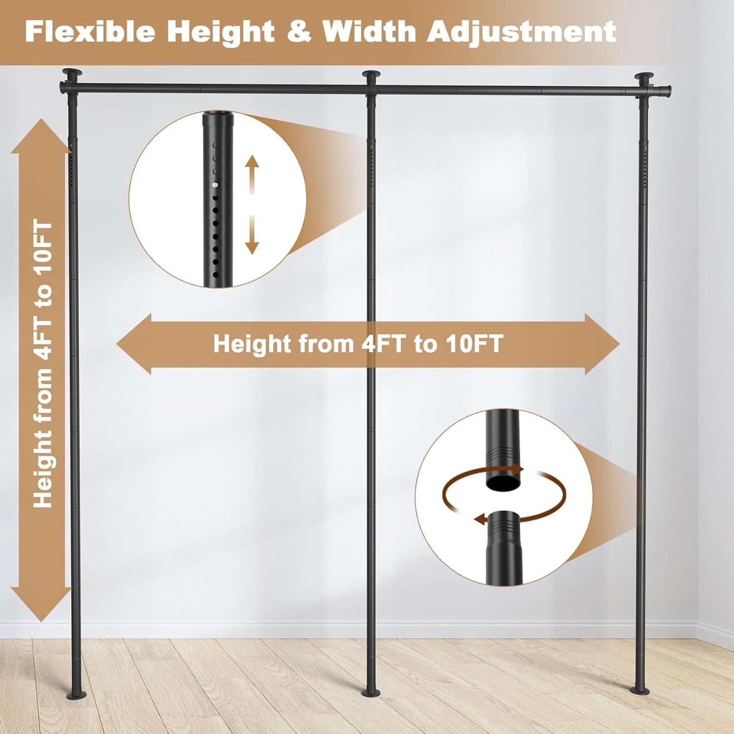 Mr IRONSTONE Room Divider Curtain Rod No Drilling, Partition Room Dividers 4-10ft(H) 28-144inch(W) Adjustable, Heavy Duty Tension Rod Floor to Ceiling Freestanding, Wall Divider for Room Separation