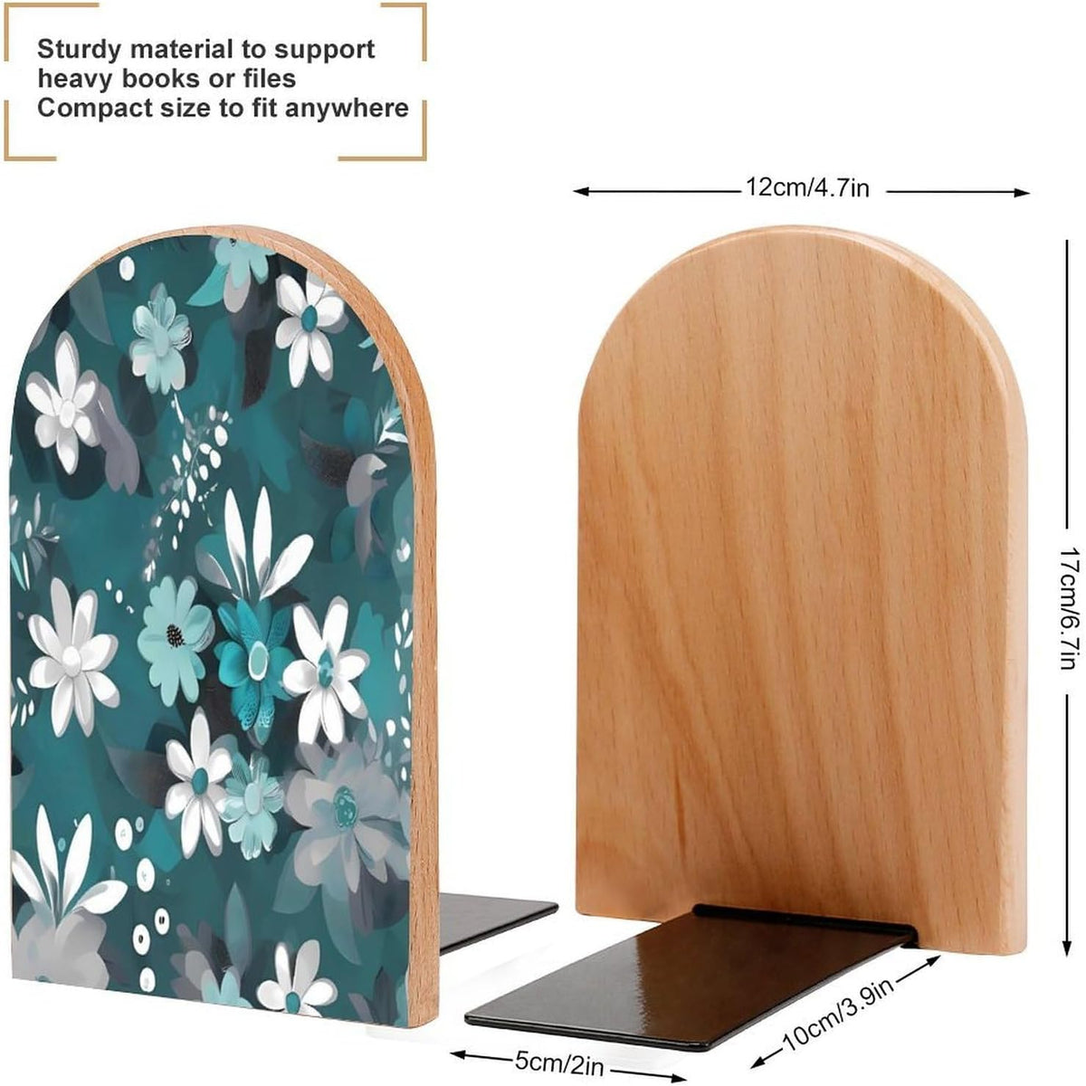Non-Slip Bookend for Shelves Teal Grey and White Floral Wooden Bookends with Metal Base Decorative Book Stopper for Home Heavy Duty Wood Book Storage for Books/CDs