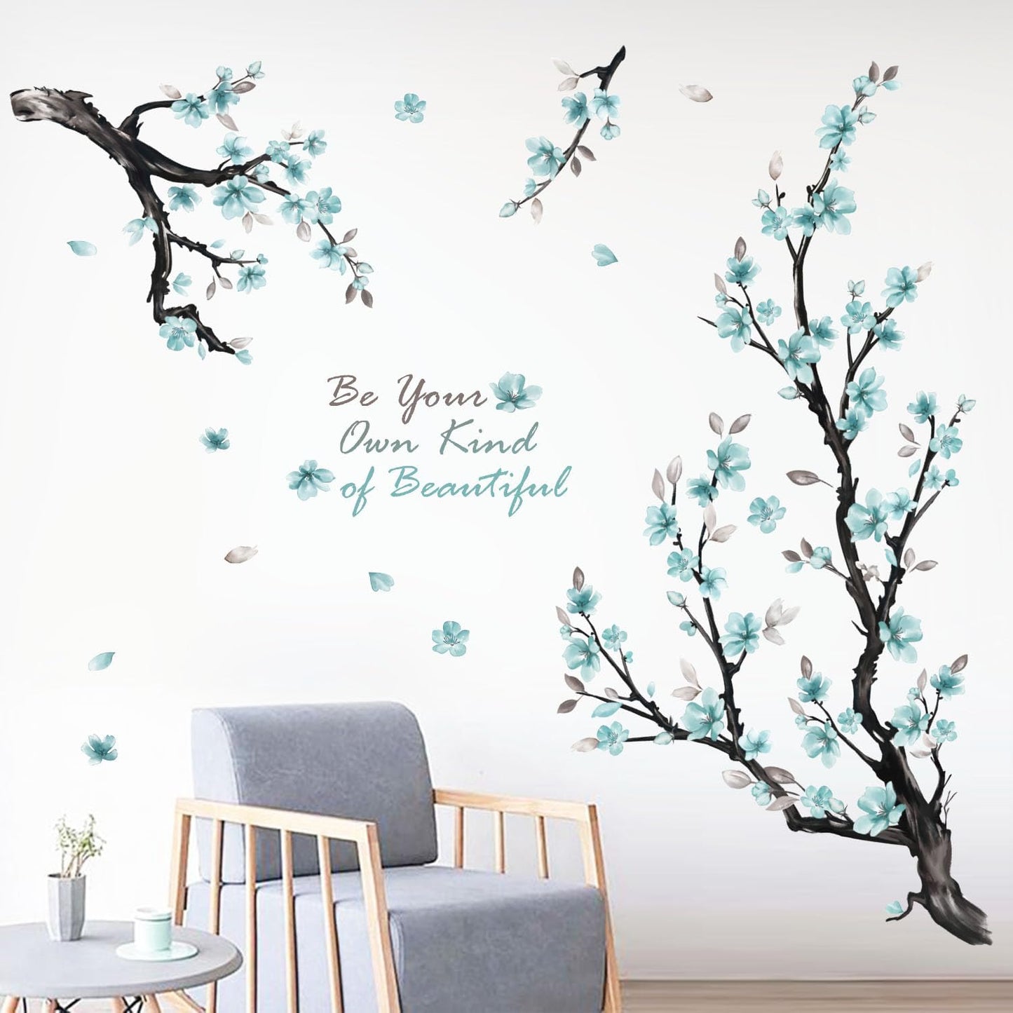 Blue Flowers Wall Stickers,Watercolor Flower Branch Wall Decals for Living Room Bedroom TV Background Office Bathroom