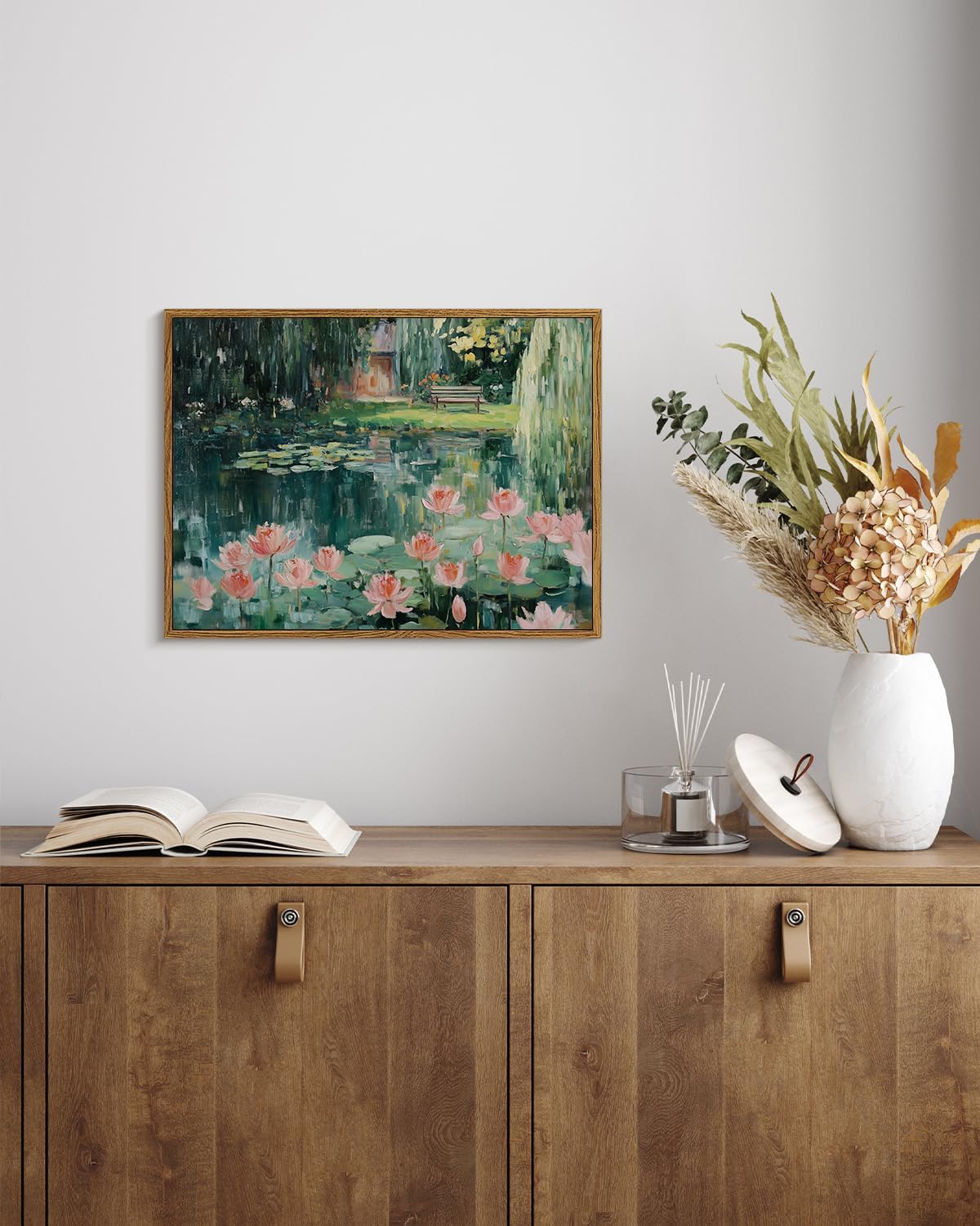 WHASAYART Vintage 12x16 Framed Lotus Pond Floral Wall Art, Monet-Inspired Water Lily Canvas Print, Impressionist Garden Bench Landscape Oil Painting for Living Room Bedroom Entryway Office Decor