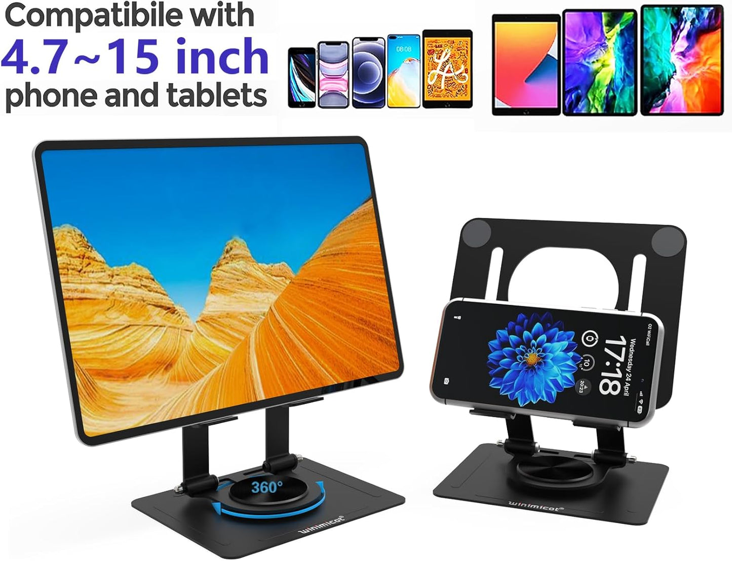 Tablet Stand Holder for Desk, with 360 Rotating Metal Base, Dual Rod Support Adjustable Multi-Angle Home Office Accessories Compatible with iPad Samsung Galaxy Tabs and More, Black