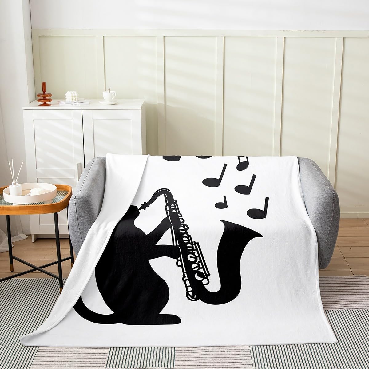 Erosebridal Black Cat Throw Blanket,Saxophone Music Theme Fleece Blanket 40x50,Musical Notes Blanket,Black White Fuzzy Blanket Musical Instrument Kids Boys Girls Bed Blanket
