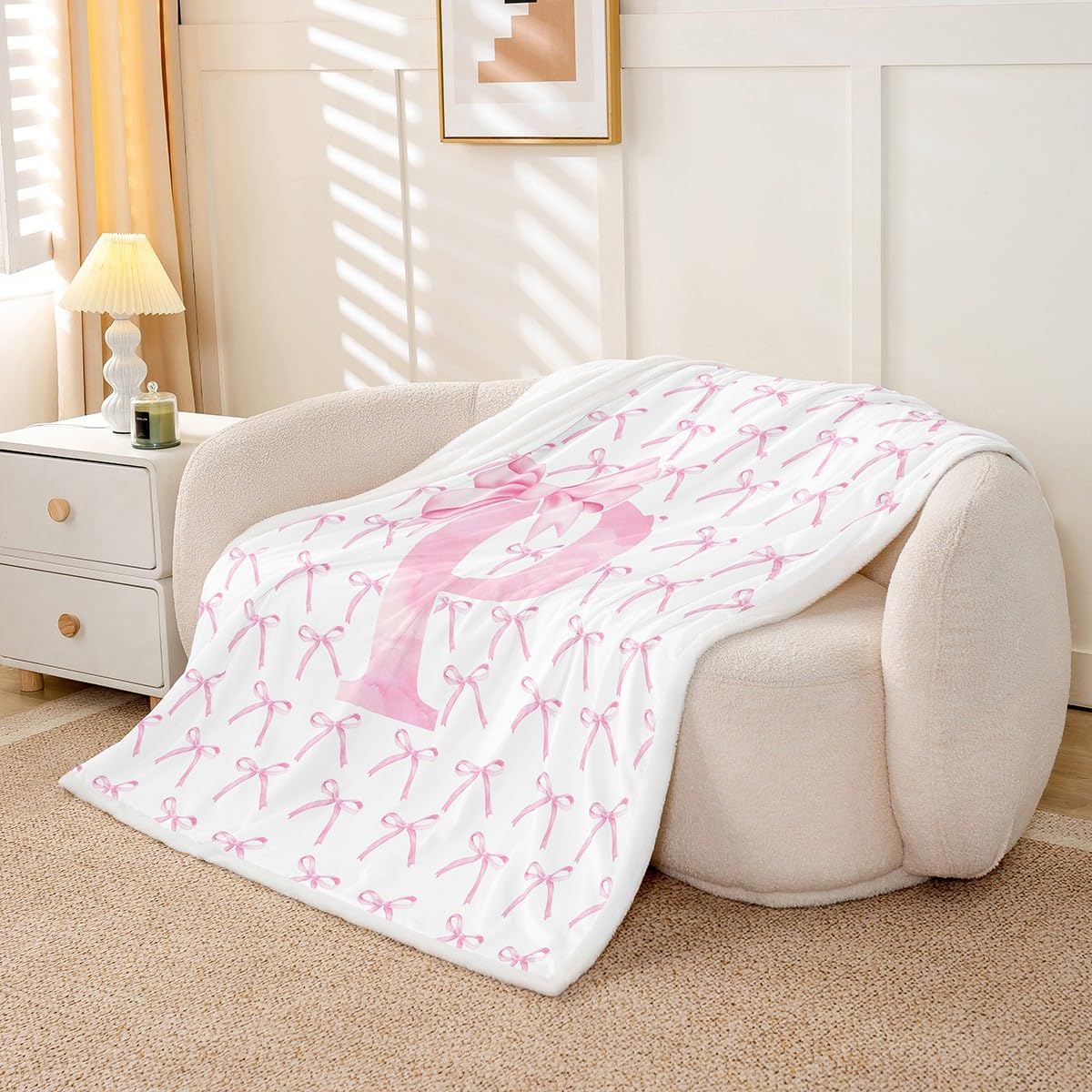 Cartoon Bowknot Kids Throw Blanket,Pink Bow Tie Letter P Knot Princess Girls Women Bed Blanket,Watercolor Bow Patchwork Pink White Fuzzy Blanket,Throw Size (50 x 60 Inches)
