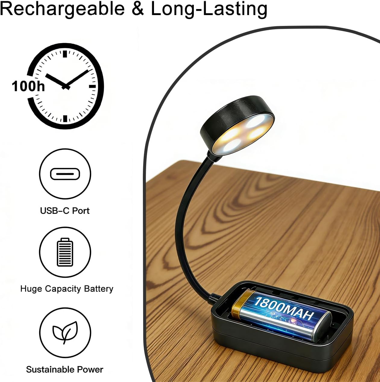LED Portable Reading Light,3 Color Stepless Dimming Brightness, 1800mAh Rechargeable Book Light for Reading in Bed,Students,Kids, Travel, Nursing, Studying (Black)