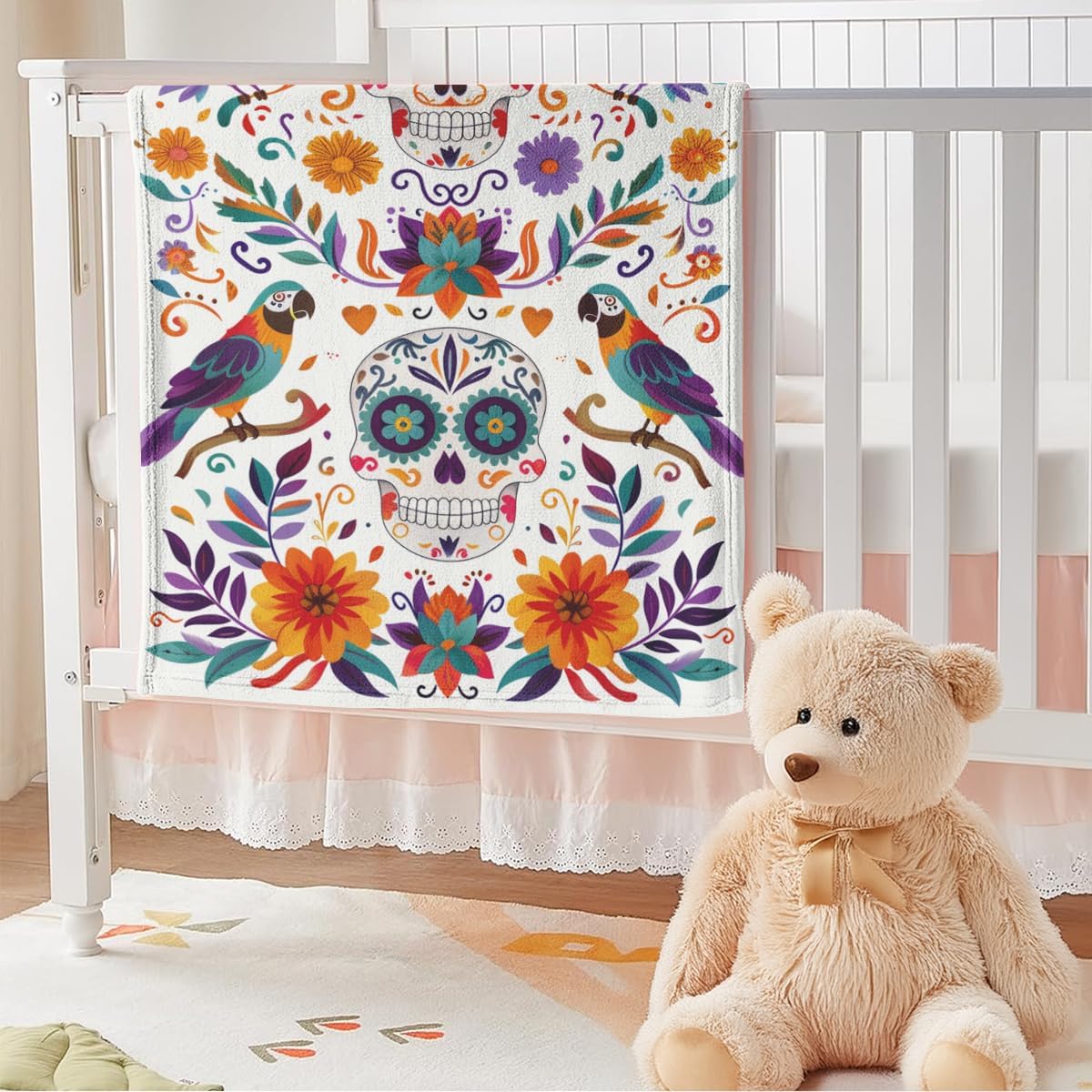 Sugar Skull Fleece Blanket, Day of The Dead Design with Parrots and Flowers, Colorful Mexican Folk Art Theme, Halloween Blankets Fuzzy Gifts for Sofa Couch Bedroom (60 x 80 inch)