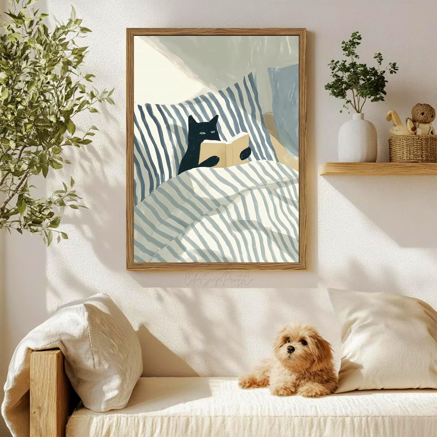 Funny Black Cat Wall Art Painting, Whimsical Cat in Stripe Bed Reading Wall Decor, Cute Animal Book Lover Blue and White Poster Canvas Prints for Bedroom Living Room 16x24 inch Wood Framed