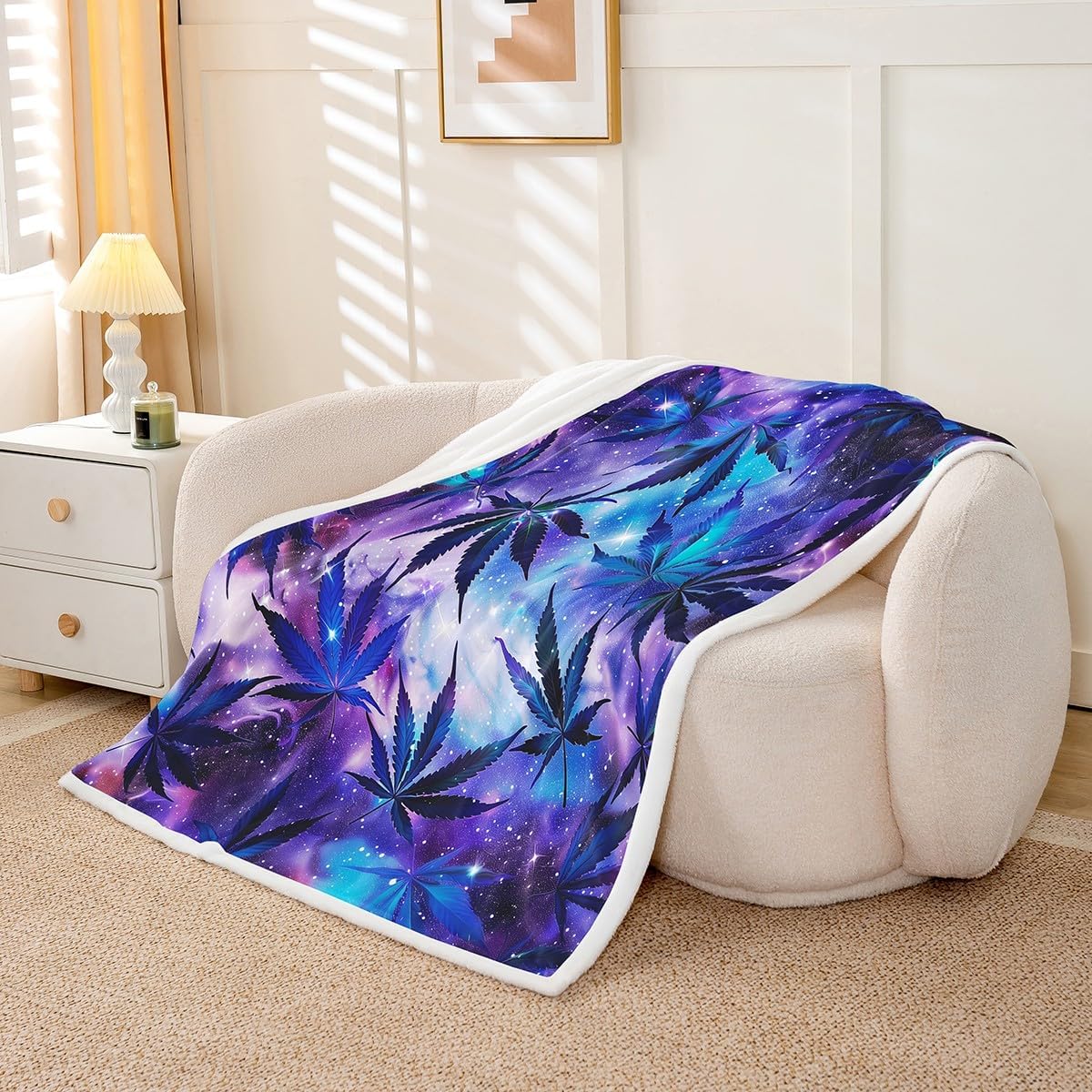 Weed Sherpa Bed Blanket Starry Galaxy Nebula Flannel Fleece Throw Blanket for Sofa Couch Tropical Leaves Plant Ultra Soft Bed Blanket Blue Purple Blanket 90"x90"