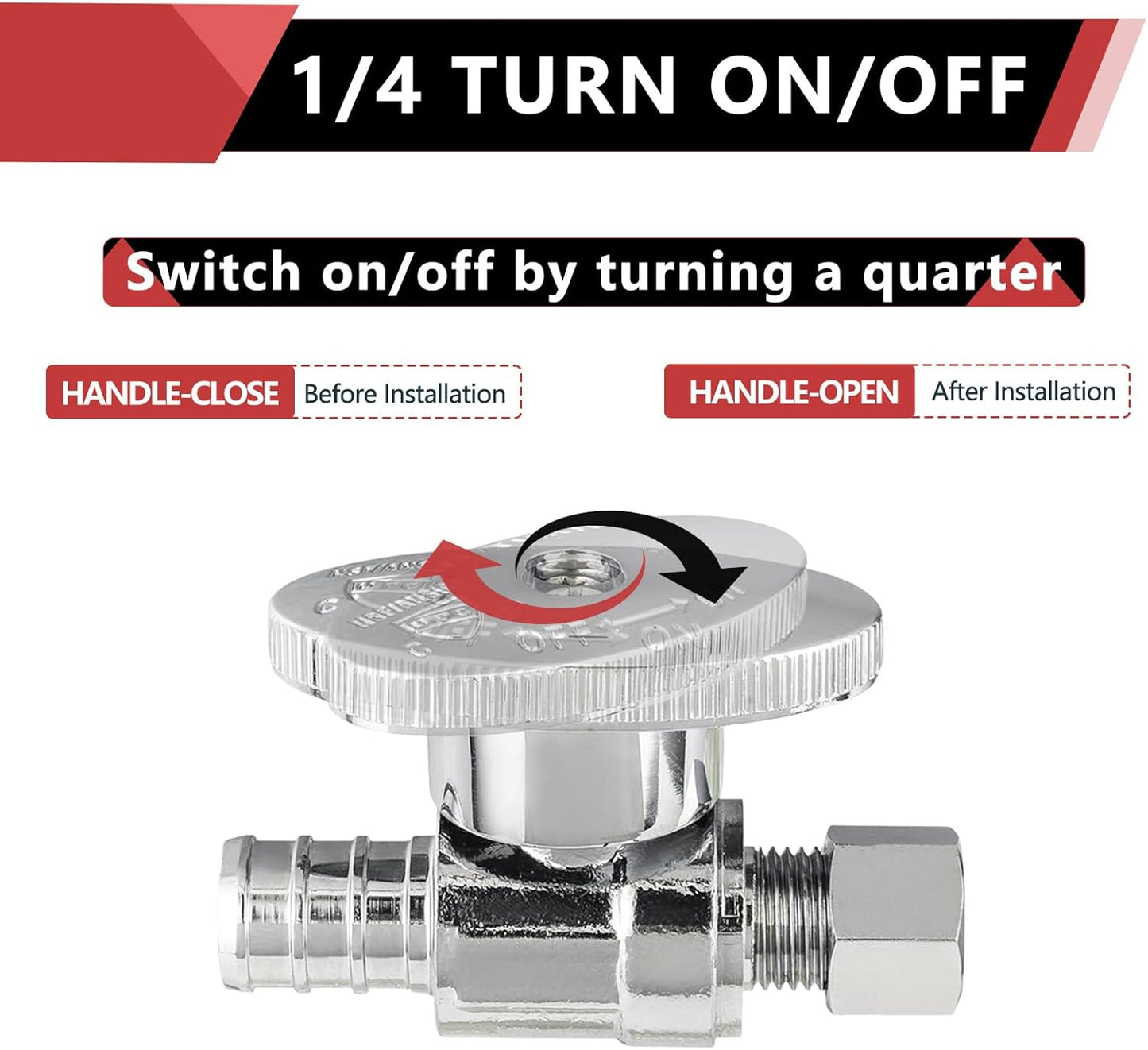 (Pack of 10) EFIELD 1/4 Turn Straight Stop Valve 3/8" OD Compression X 1/2" Crimp Barb Pex Chrome Plated Brass,(VALVE085-10PCS)