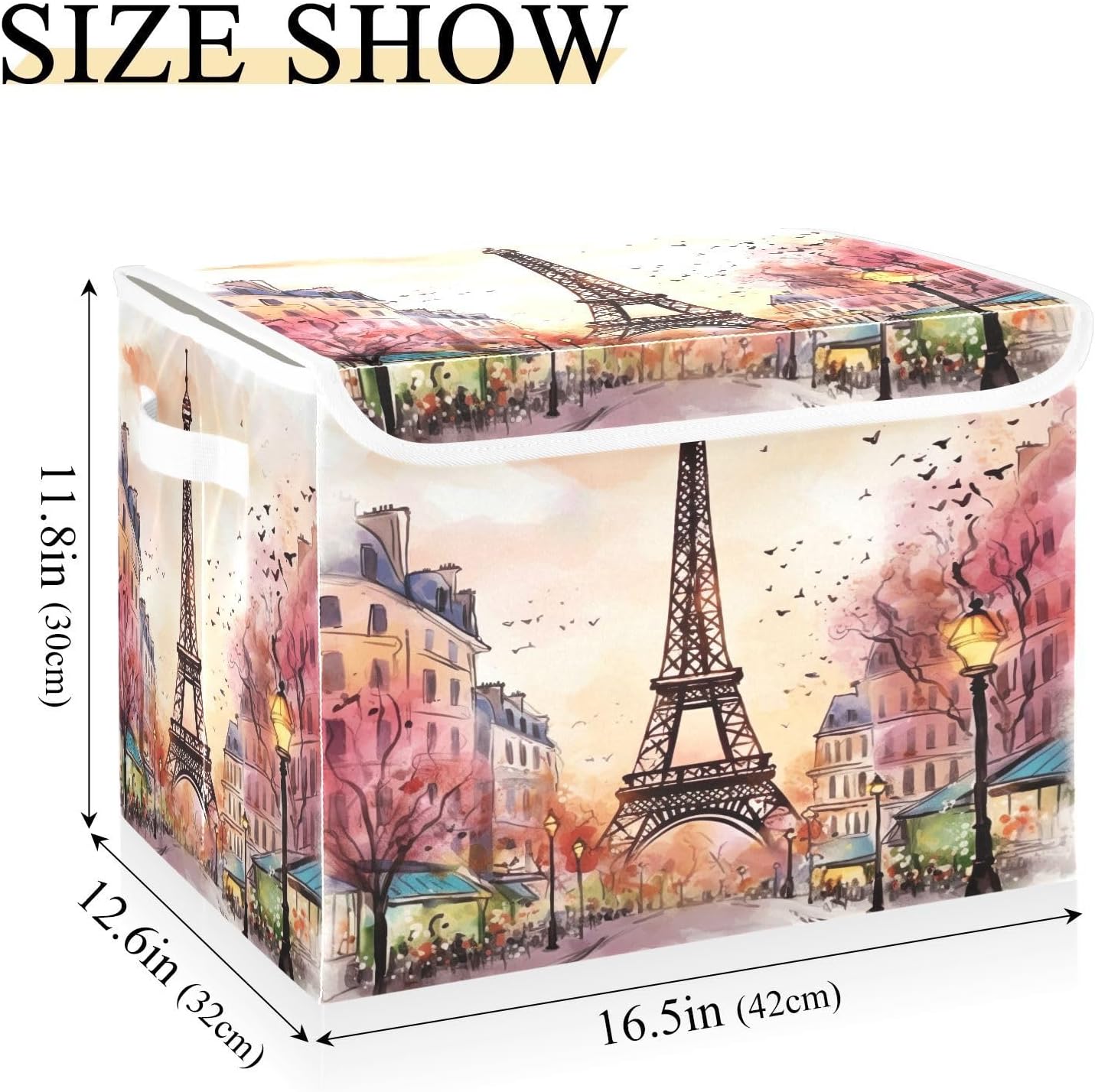 xigua Watercolor Paris Storage Bins with Lids and Carrying Handle,Foldable Storage Boxes Organizer Containers Baskets Cube with Cover for Home Bedroom Closet Office