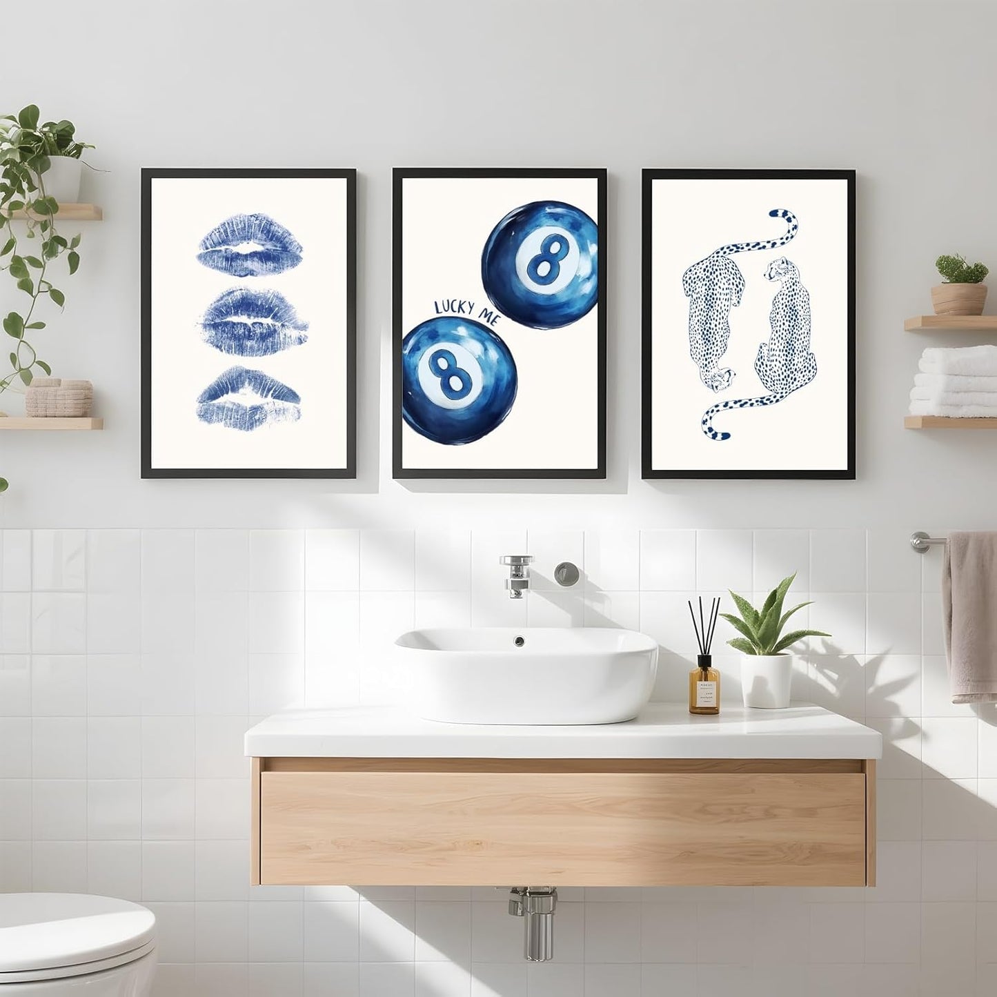 Framed Navy Cheetah Canvas Wall Art Set Retro 8 Ball Poster Blue Leopard Kiss Lips Print Trendy Preppy Aesthetic Dorm Room Decor Funky Blue Painting Picture for Apartment Bedroom 8x12inch