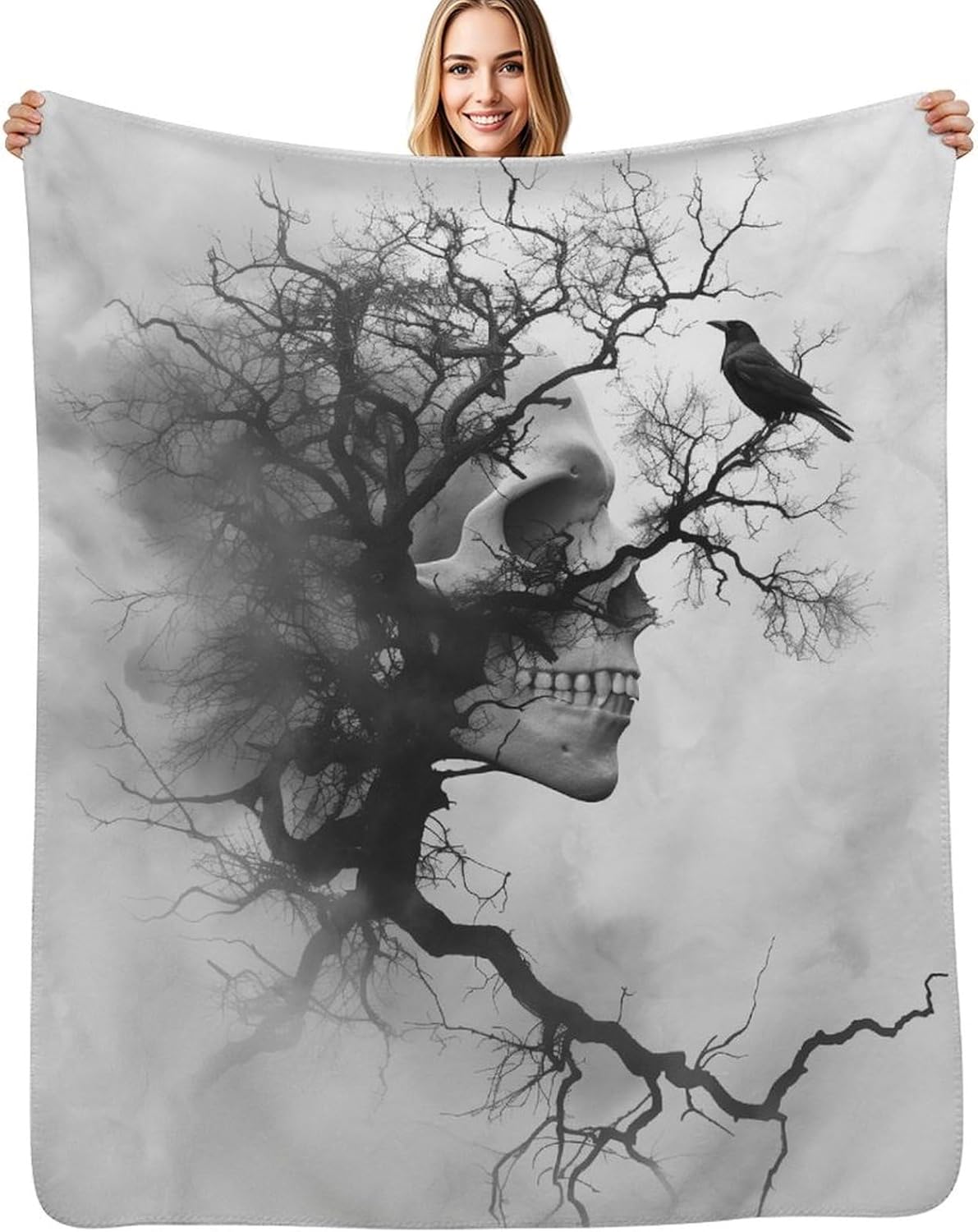 Skull Tree Blanket Gifts for Women Kids, Gothic Raven Fleece Blankets, Cozy Plush Flannel Throw for Couch, Bed, Living Room Decor 50"x60"