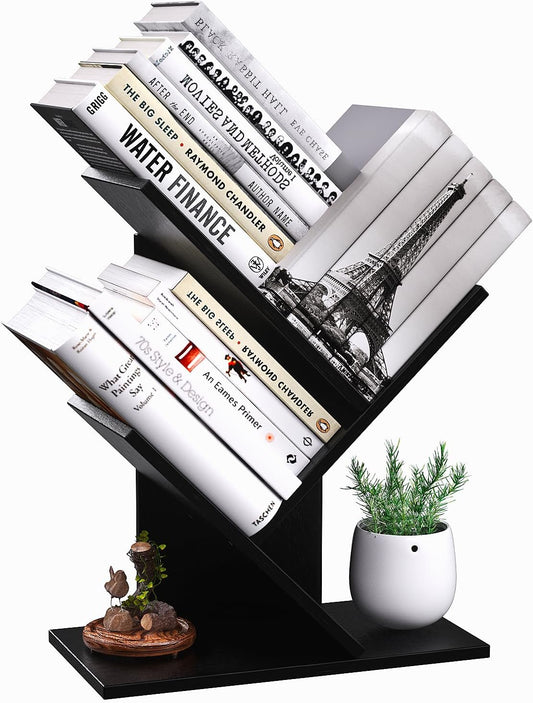 R RUISHENG 3 Tier Small Tree Bookshelf Storage Organizer Shelves Floor Standing Bookcase Desk Wood Storage Rack for Home Office Living Room Bedroom Display for Book Magazine CD Manga Black