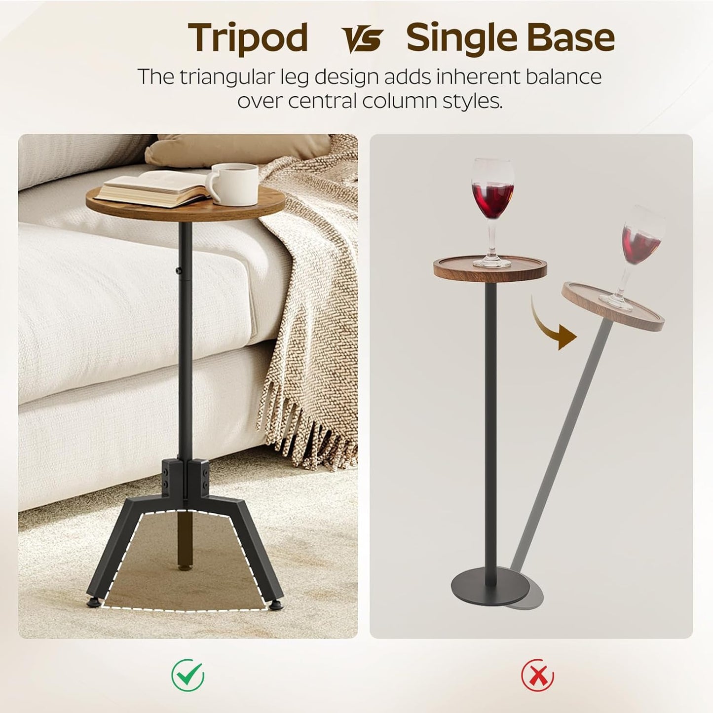 Round Side Table, Small End Table, Drink Table, Beside Table for Small Space, Coffee Martini Table with Pedestal in Bedroom, Living Room, Easy Assembly, Rustic Brown and Black ET17BR