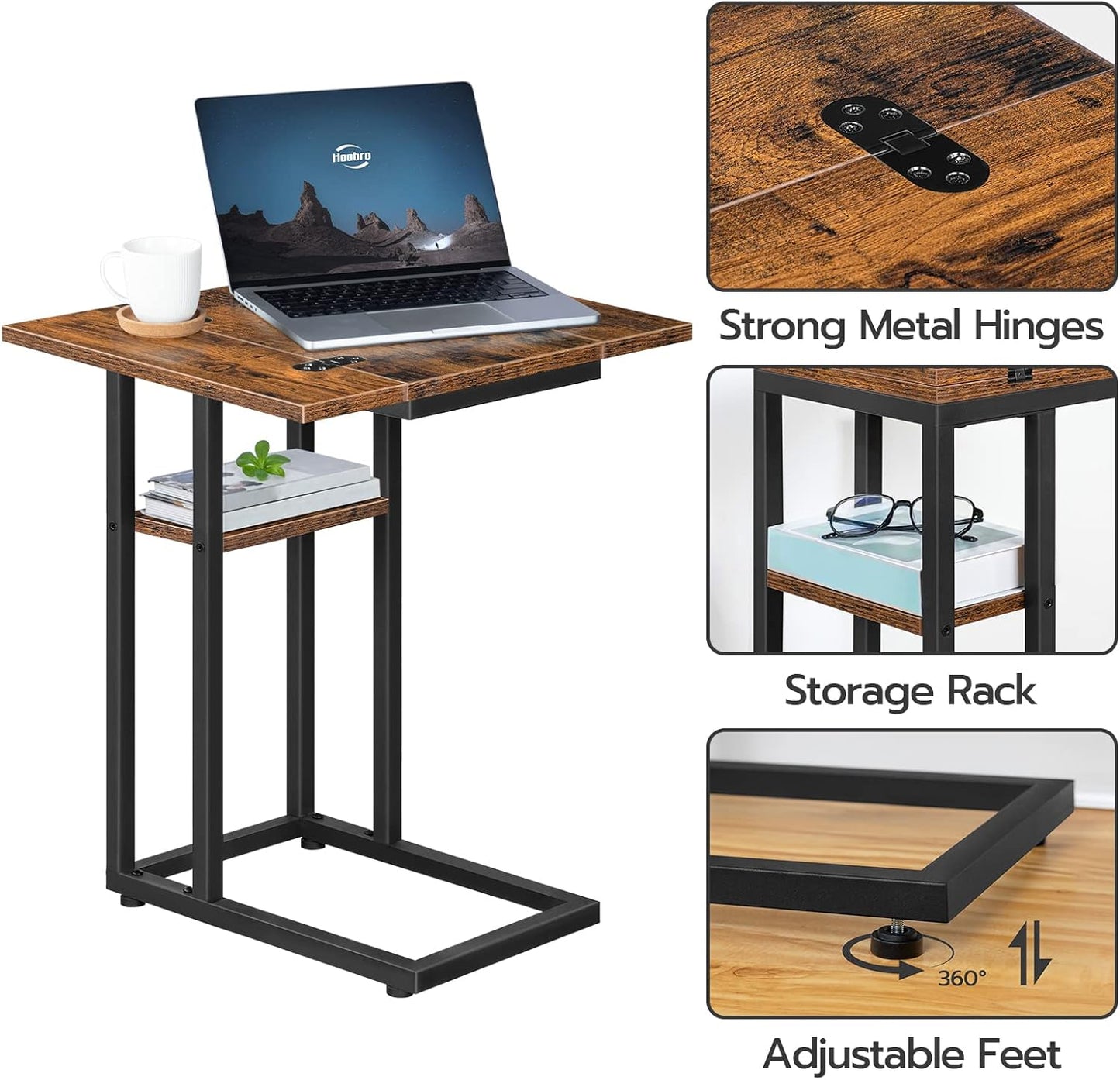 HOOBRO Foldable End Table, C Shaped Side Table with Storage Shelf, Small Snack Table Suitable for Living Room Bedroom Small Spaces, Easy Assembly, Rustic Brown BF29SF01