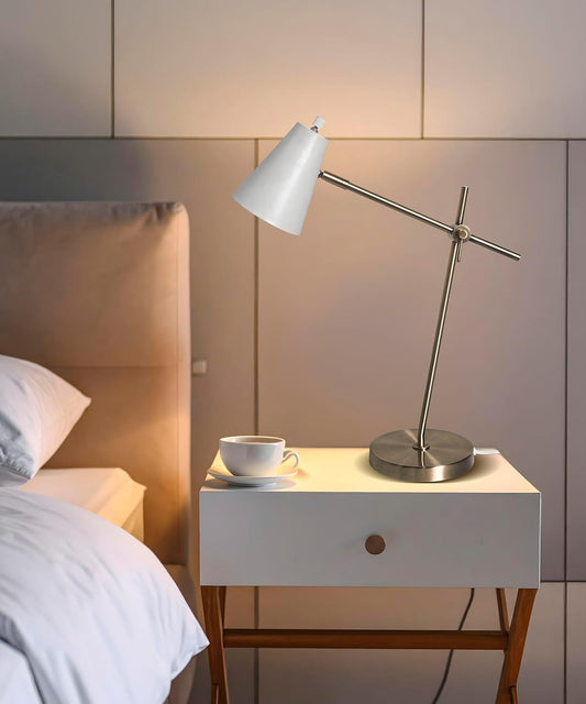 HarvestLand HaloBar Brass Desk Lamp Home Office – White Industrial Table Lamp with Solid Base for Office, Reading Lamps for Bedside Table, Study and Reading Task Lamp, Gifts for Adults