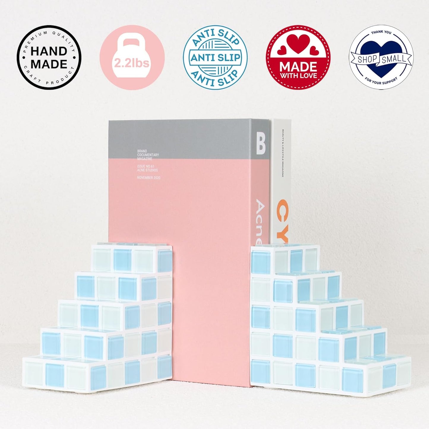 Decorative Bookends for Shelves - Stair Book Ends for Heavy Books - Unique Book Stopper & Holder for Shelves - Modern Home Decor Aesthetic Bookshelf Decor (Light Blue & White)