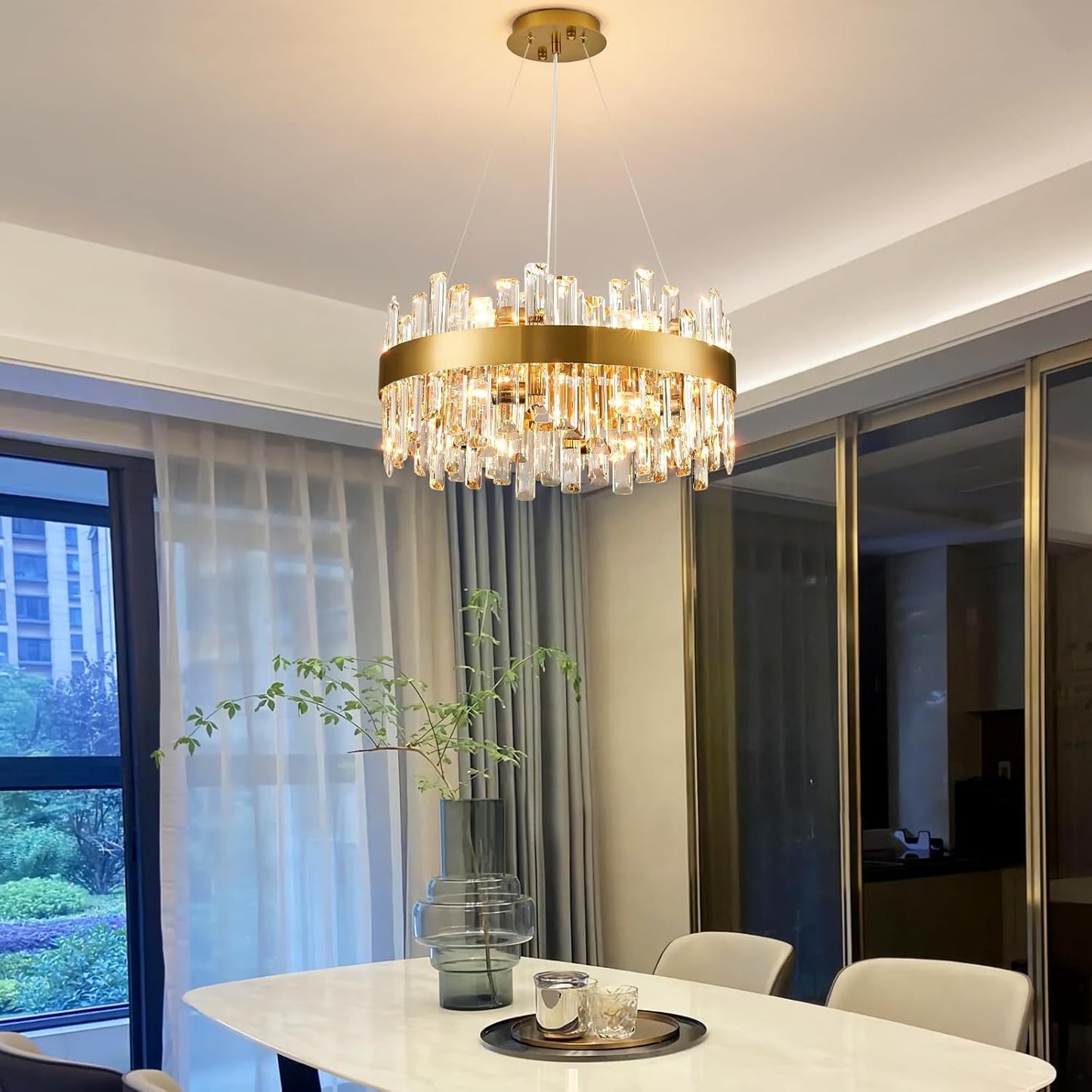 Siljoy Modern Crystal Chandelier, 12-Light Dimmable Brass Gold K9 Crystal Raindrop Chandelier, Luxury Adjustable Crystal Pendant Ceiling Light for Living Dining Room Kitchen Island Entry Foyer D19.7''