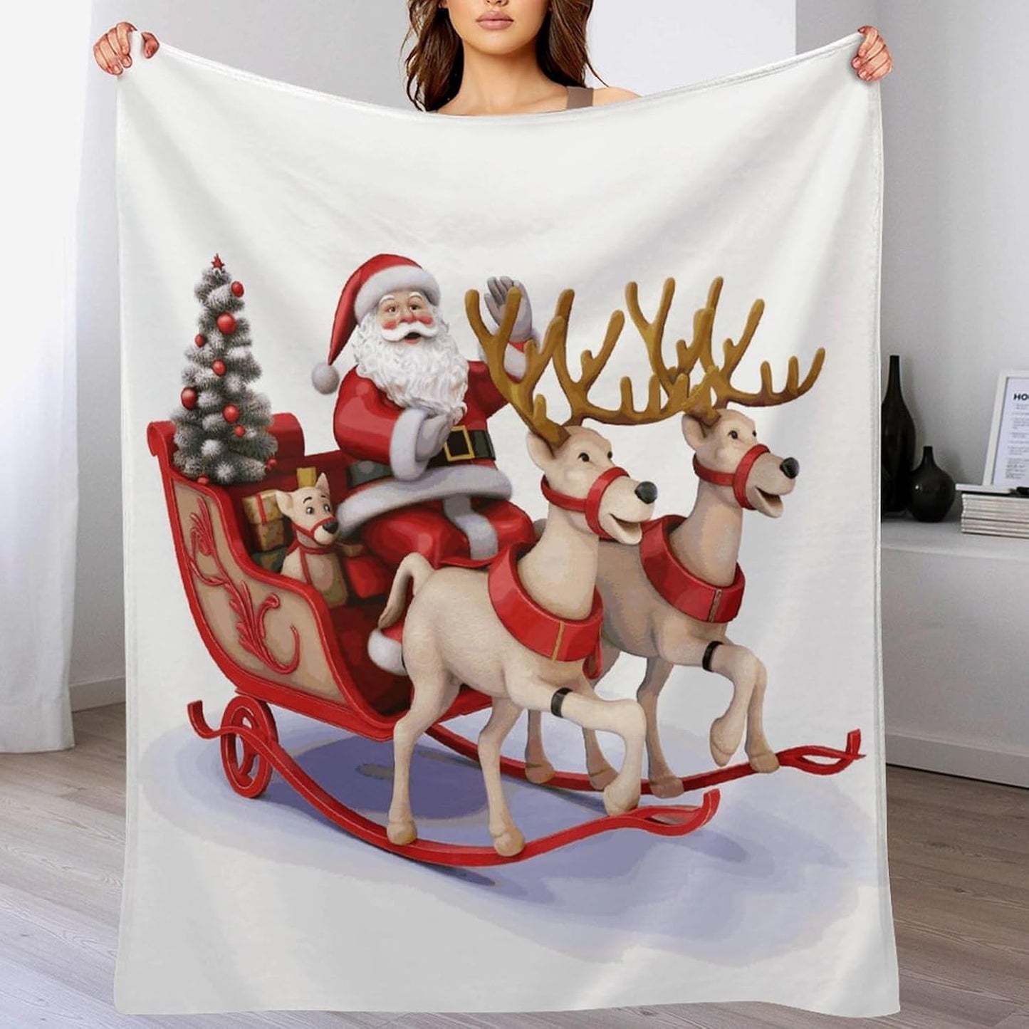 Santa Claus Reindeer Sled Blanket Super Soft Lightweight Throw Blanket Cute Cozy Warm Bed Blanket Decorative Fuzzy Blanket All-Season Home Decor Gift for Sofa Couch Living Room 60"*80"（150 * 200cm）