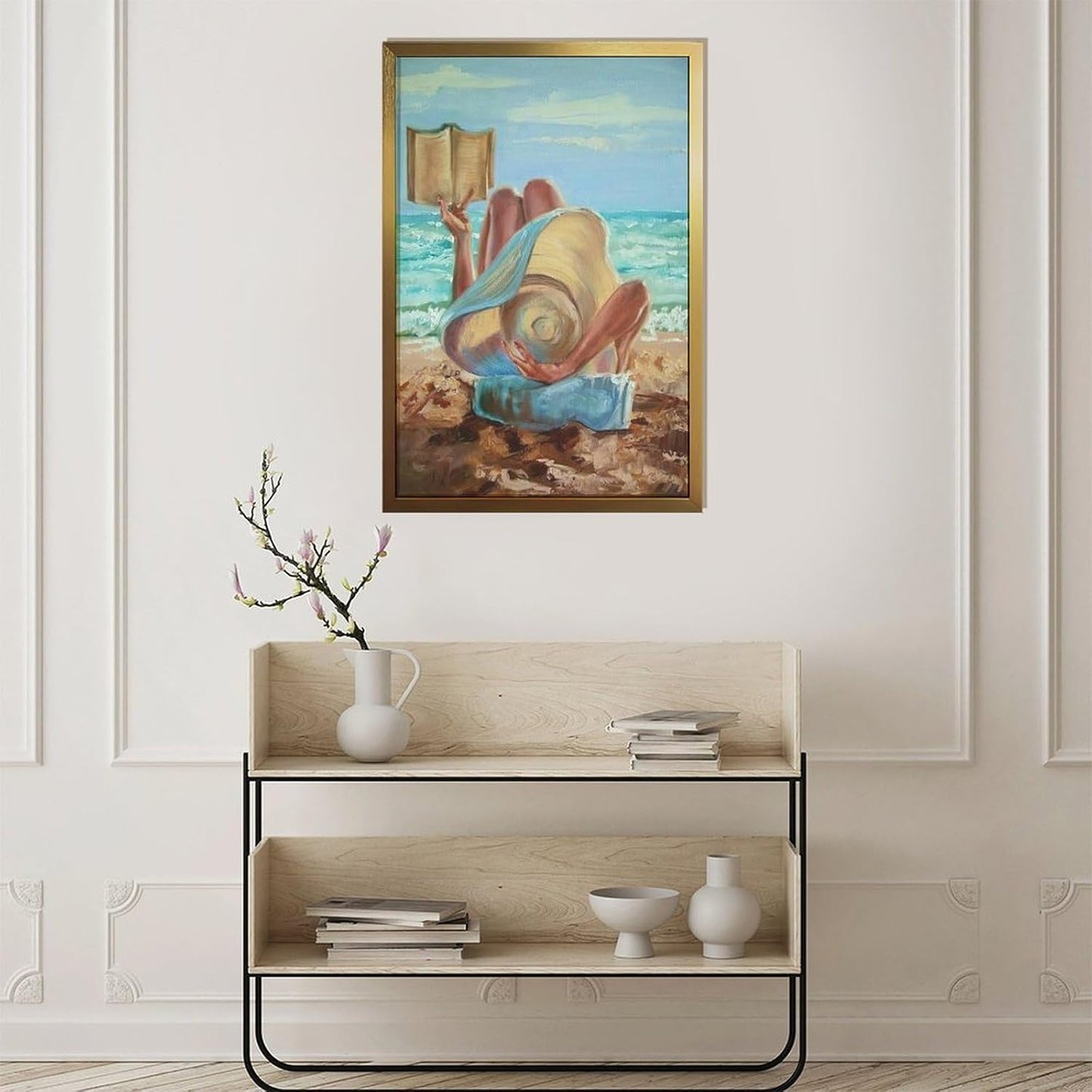 Rucatto Artistic Painting Poster of Woman Reading A Book on The Beach Wall Art Paintings Canvas Wall Decor Home Decor Living Room Decor Aesthetic 08x12inch(20x30cm) Golden-style