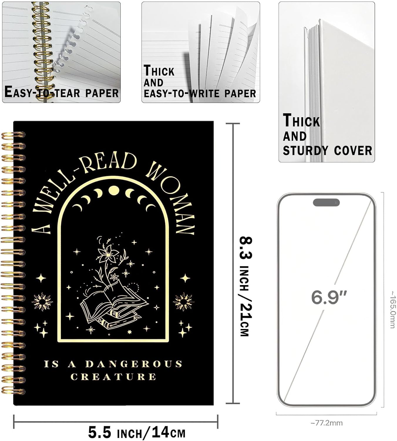 UTELKA Reading Journal Notebook Reader Book Spiral Notebook 5.5x8.3, A Well-Read Woman Black Gold Book Journal for Books Lovers Bookish Gifts for Women Girls