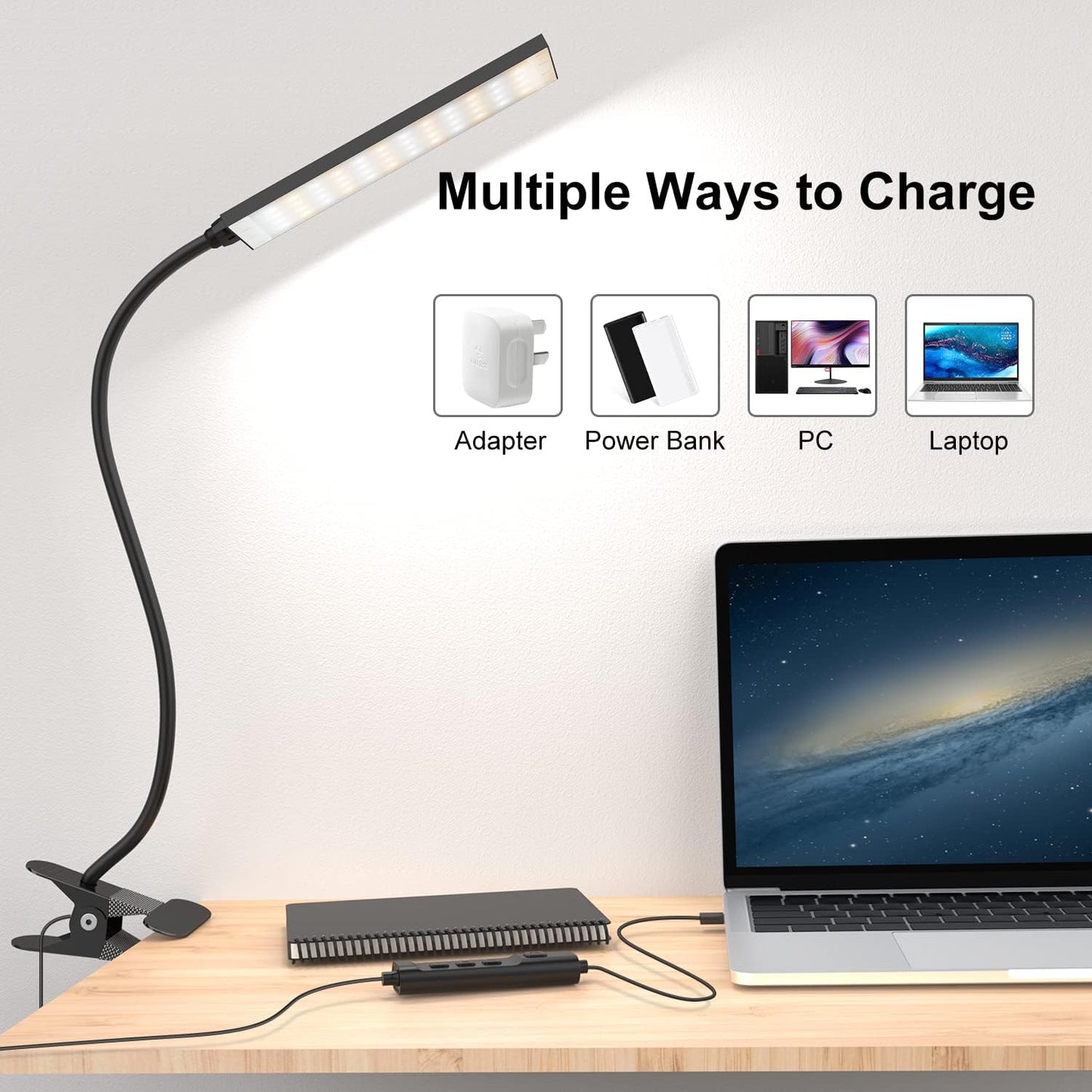 RAOYI LED Desk Lamp, 5W USB Clip on Light Eye-Caring Reading Clamp Table Lamp with 48 LEDs Flexible Neck, 3 Color Modes and 14 Brightness Levels for Office Bedroom Study (Black)