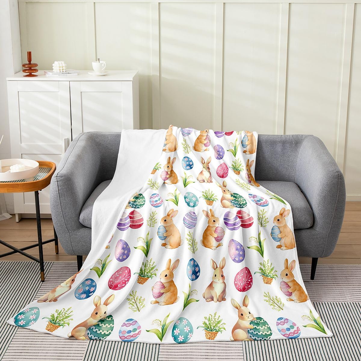 Manfei Happy Easter Flannel Blanket Cute Rabbit Colorful Egg Throw Blanket Watercolor Flower Leaf Cozy Throws for Bed Couch Sofa,Kids Boys Girls Room Decor,Soft and Breathable(30 x 40 Inches)