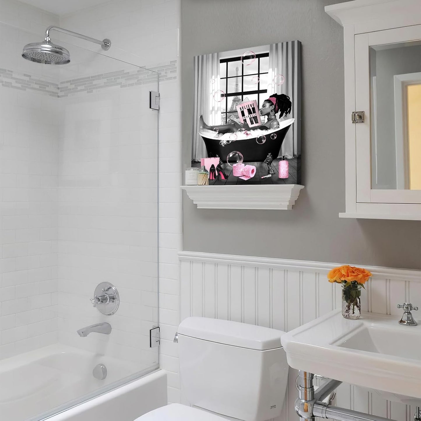 Ewozet African American Women Bathroom Wall Art Decor Black Girl Reading Lying in the Bathtub Canvas Wall Decor Modern Pink and Black Girls Pictures Framed Artwork for Bathroom Bedroom Living Room