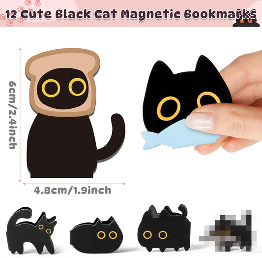 Black Cat Magnetic Bookmarks - 12PCS Assorted Cute Black Cat Book Markers Clip Set for Book Lovers Women Teachers Students Reading Cat Meme Bookmarks for Home Office School Cafe Bookstore