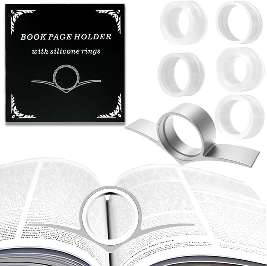 Thumb Book Page Holder Christmas Gifts for Book Lovers, Ultralight Metal Book Reading Holders Accessories with 5 Assorted Size Silicone Rings for Keep Book Open Women Reader Bookish Teachers