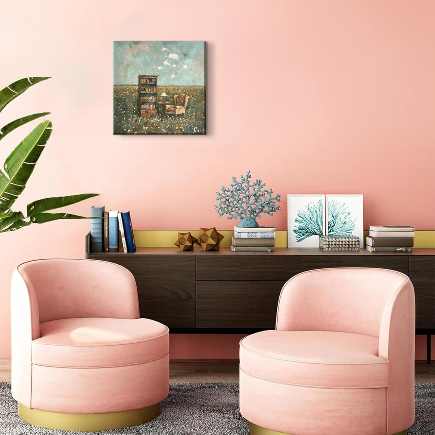 LSXARTQQ Vintage Book Nook Wall Art Whimsical Impressionist Flower Field Wall Decor Retro Book Club Home Library Decor Painting Picture Rustic Farmhouse Bookish Themed Canvas Print (12x12inch)