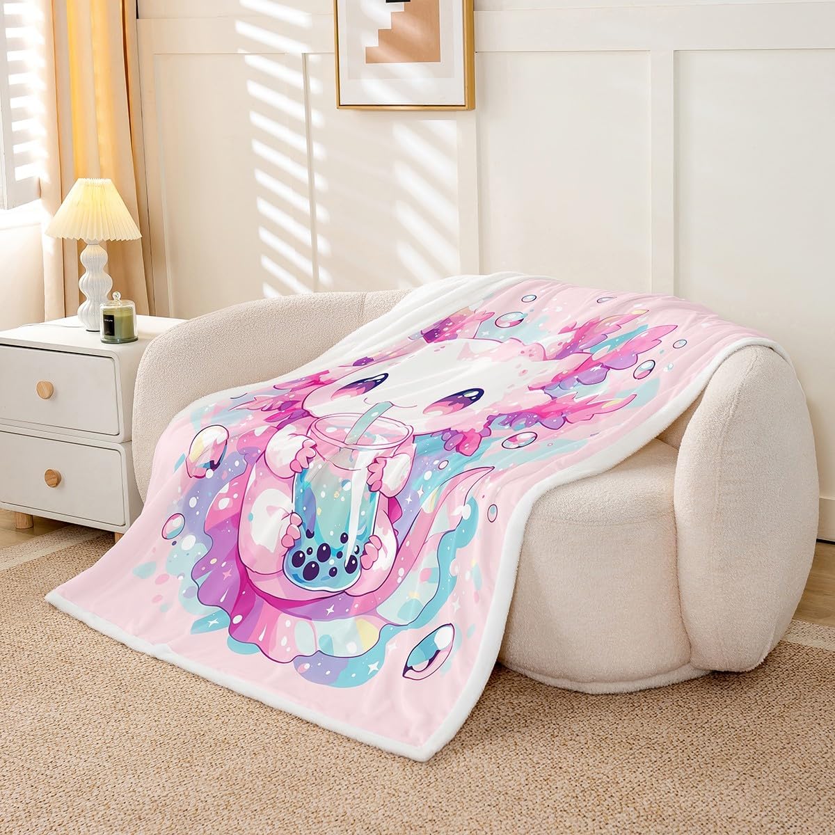 Axolotl Fleece Blanket Cute Salamander Pattern Kawaii Sherpa Blanket 40"X50" Sweet Dessert Milk Tea Throw Blanket Ocean Beach Coastal Flannel Blanket For Kids Girls Decorative Sofa Couch,Pink