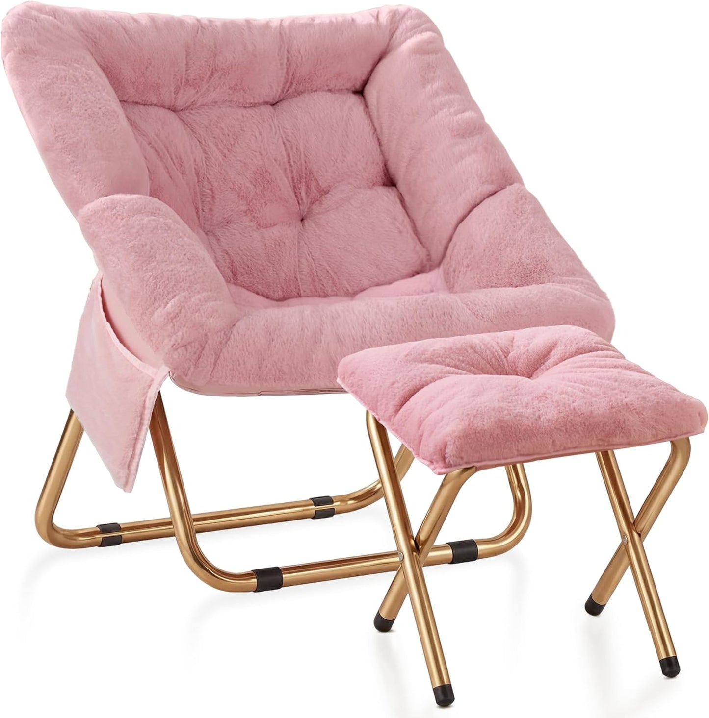 Comfy Saucer Chair, Foldable Living Room Chairs, Soft Faux Fur Lounge Chair for Bedroom, Reading Chairs for Adults, Teens, X-Large (Pink)