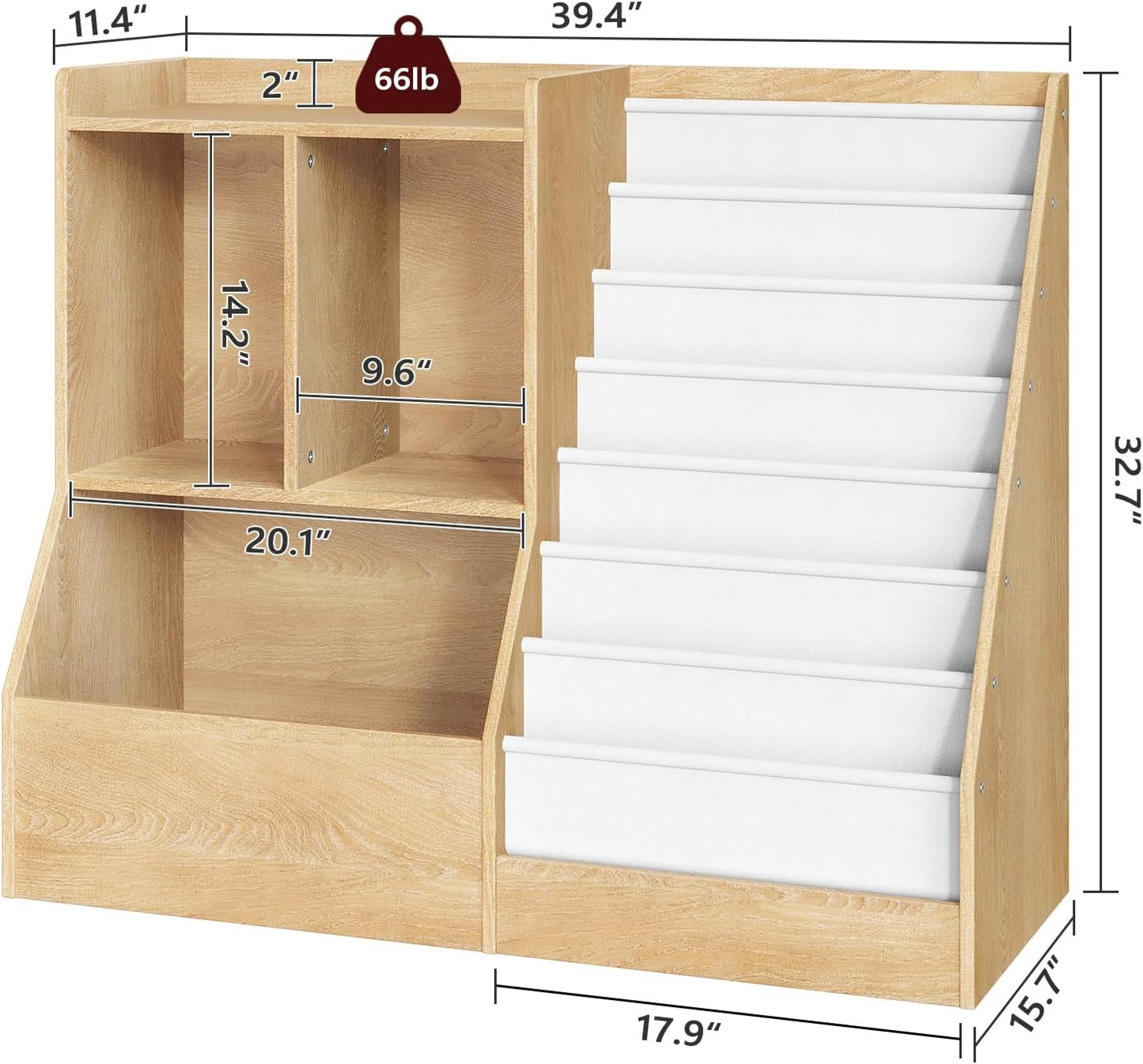 39.4" Kids Bookshelf and Toy Storage, 7 Layer Kids Book Sling Shelf, Toddler Bookshelf, Kids Bookcase, Toy Organizer Cabinet, Large, for Playroom, Bedroom, Nursery, Natural BKNW7301
