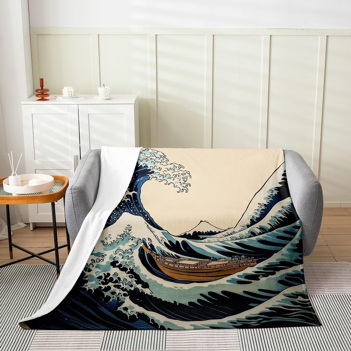 Japanese Wave Flannel Fleece Blanket Twin 60"x80" Kids Ocean Wave Plush Throw Blanket for Boys Girls Teens Boat Mount Fuji,All Season for Bed Sofa Couch Breathable Japanese Ukiyoe