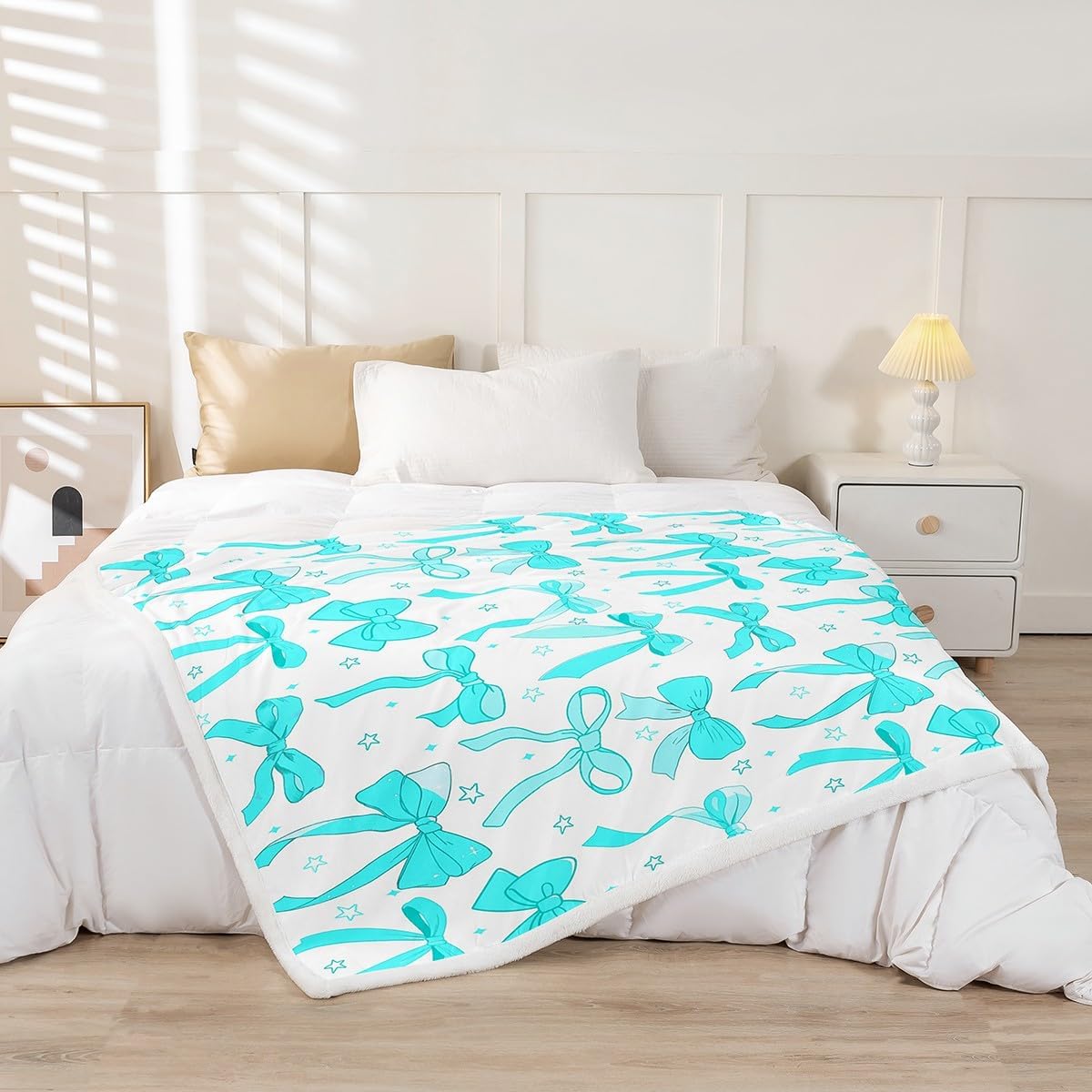 Feelyou Teal Blue Bowknot Decoration Soft Cozy Fleece Blankets 50x60 Inches for Girls Adults Watercolor Teal Bow Kids Kawaii Throw Blankets Dreamy Princess Style Fleece Flannel Throws