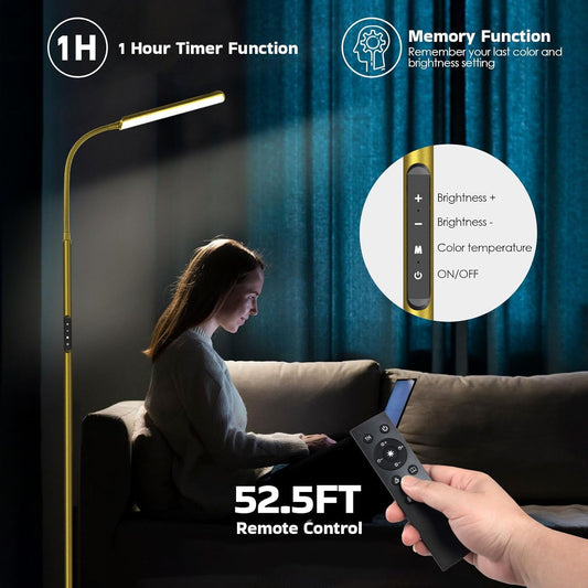 Dimunt LED Floor Lamp, Bright 15W Floor Lamps for Living Room with 1H Timer, Stepless Adjustable 3000K-6000K Colors & Brightness Standing Lamp with Remote & Touch Control Reading Floor Lamps-Golden