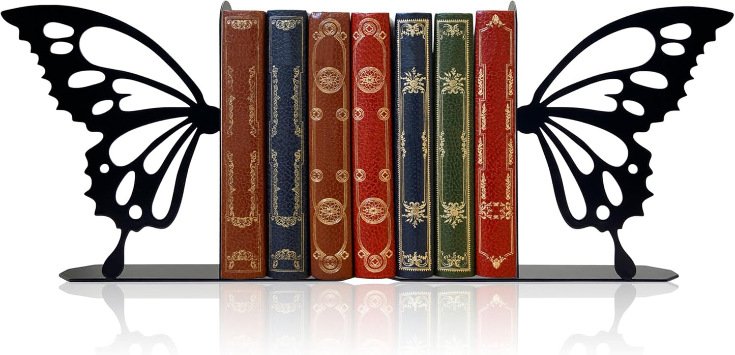 Butterfly Metal Bookends Cute Butterfly Book Ends for Shelves Bookshelf Decorative Objects Home Office Desk Bookshelf Decor Gifts for Family (Black)
