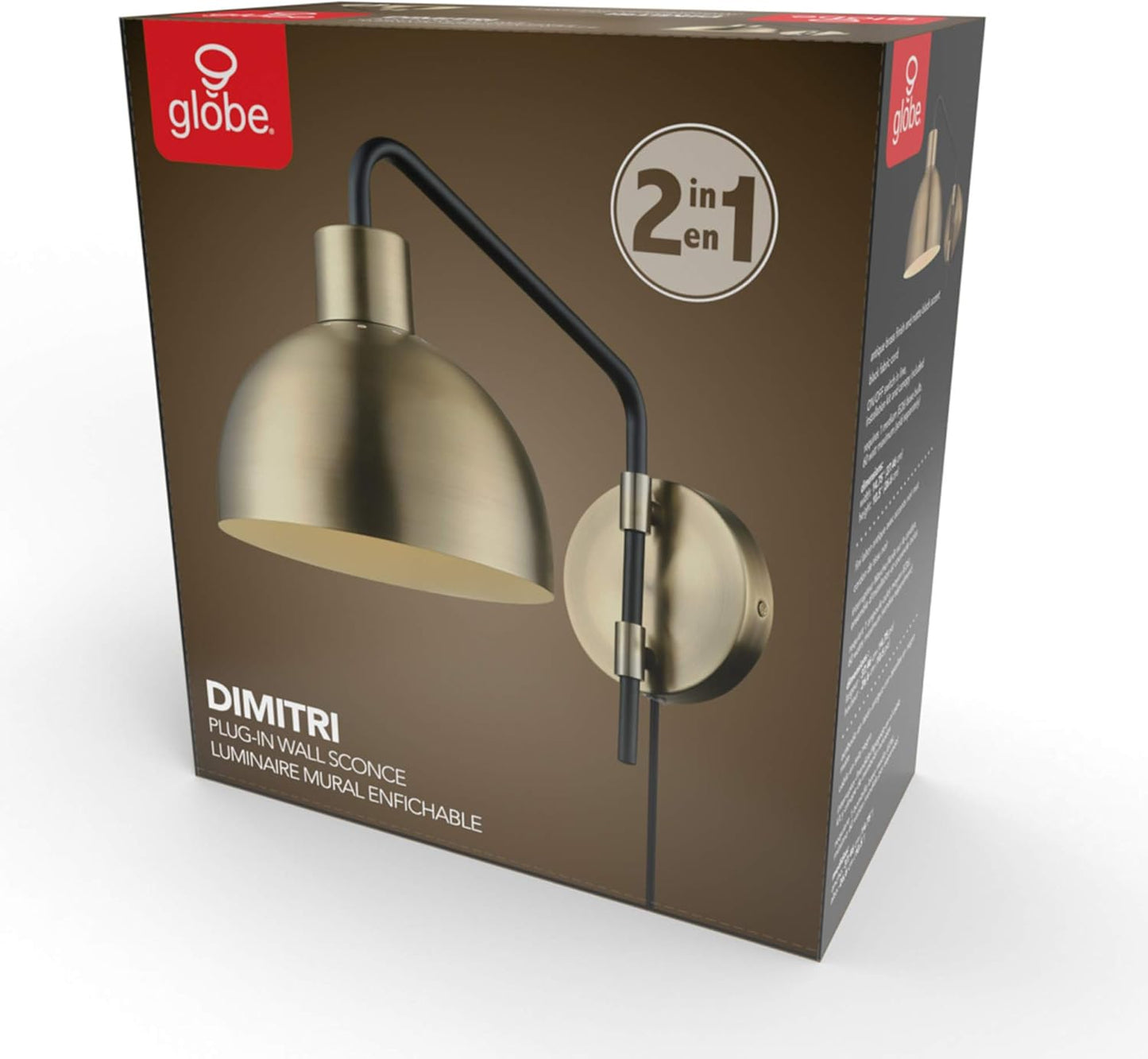 Globe Electric 51719 1-Light Plug-in or Hardwire Wall Sconce, Antique Brass, Matte Black Accent, Fabric Cord, in-Line On/Off Switch, Kitchen, Reading Light, Home Essentials, Bedroom, Bedside Lamp