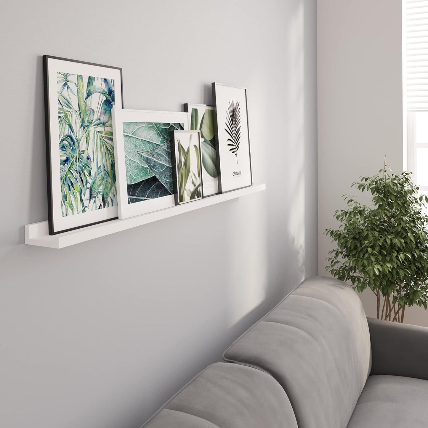 Wallniture Denver 46" Picture Ledge Shelf, Wood Wall Shelves for Photo, Picture Frame, Books, White Bookshelf for Kids Room, Living Room, Bedroom