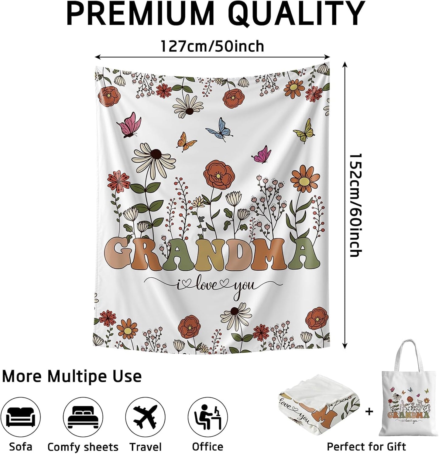Aperturee Grandma Birthday Gifts Blanket and Tote Bag Set, 50x60 Inches Floral Happy Birthday Granny Throw, Soft Cozy Butterflies I Love You Blanket for Women, for Grandma