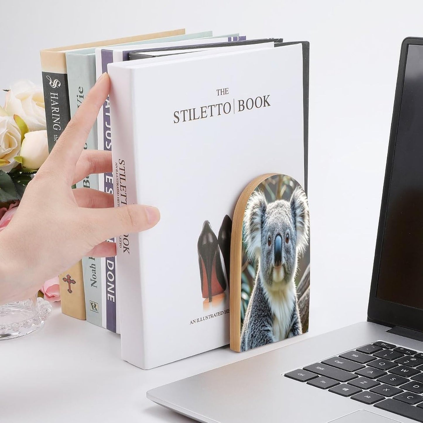 Lovely Koala Bookends 1 Pair Heavy Duty Book Ends for Shelves Non-Skid Bookend Supports Wooden Book Holders with Metal Base Desk Organizers Books Storage to Hold Books
