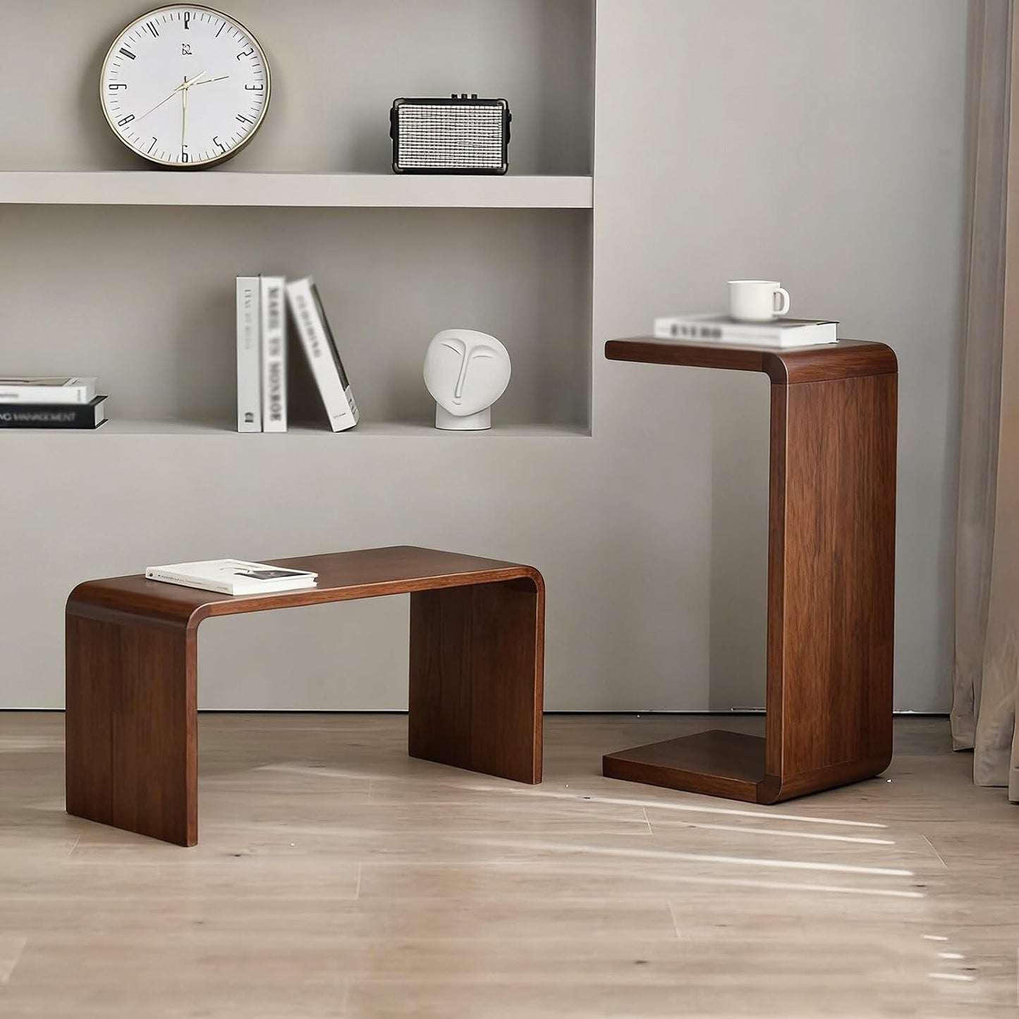 C Shaped End Table for Couch,Solid Wood Couch Side Table Tray,Space-Saving Small Snack Tables for Livingroom Bedroom Entryway Furniture(13.7" D x 9.8" W x 24.4" H, Walnut)