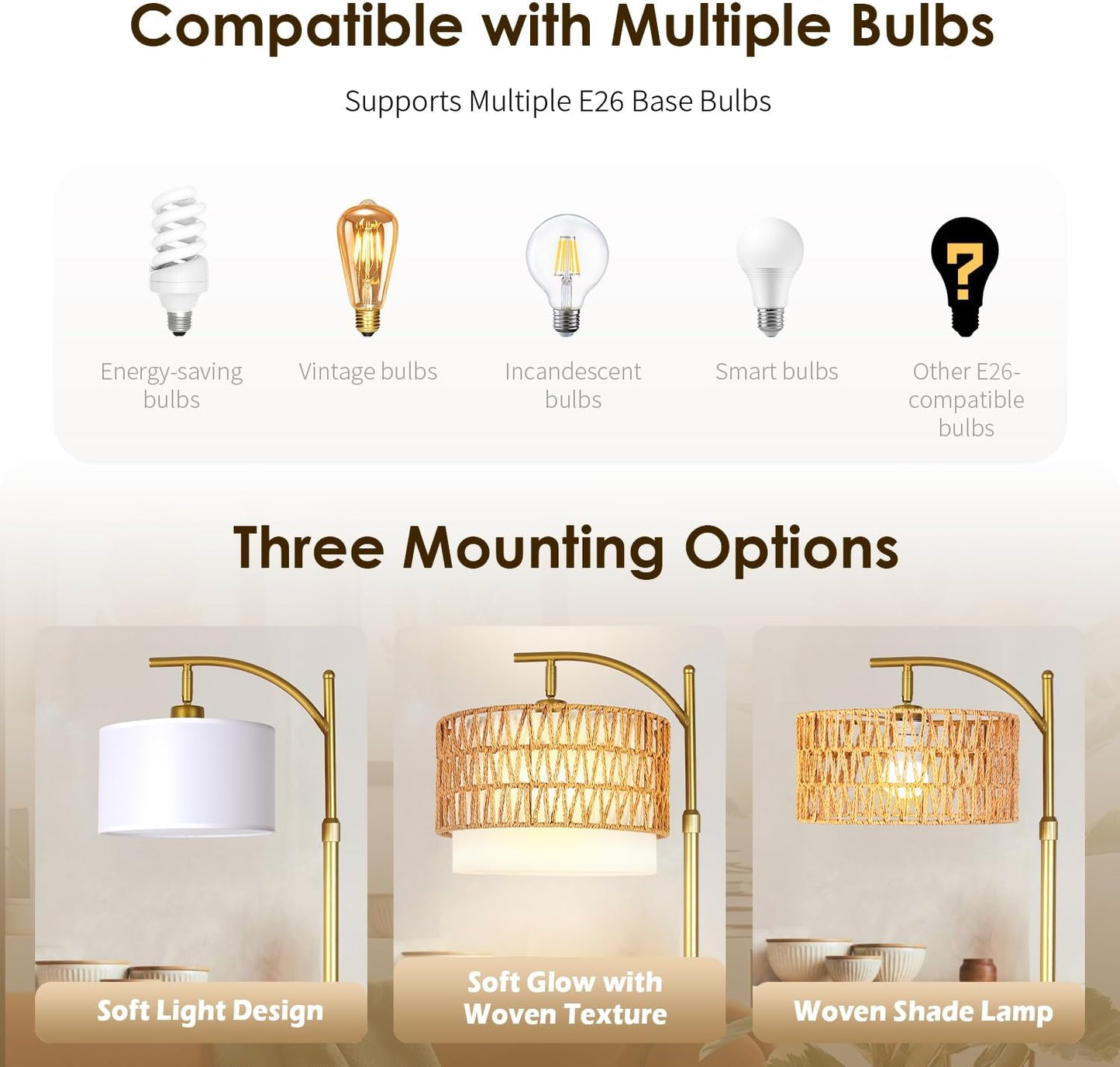 Rustic Woven Rattan Floor Lamp – Golden Finish, Arc Design, 12W LED (1 in use + 1 Spare), Remote & Dimmable 3-Color Temperature, Tall Standing Lamp for Living Room, Bedroom & Reading Corner