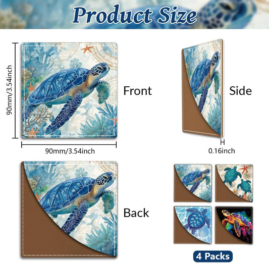 MAYJOYDIY 4Pcs Sea Turtle Corner Bookmarks 4 Styles Turtles Book Page Markers 3.5×3.5 Inch Ocean Animal Leather Book Accessories for Women Men Students Teachers Birthday Gift Reading Lovers